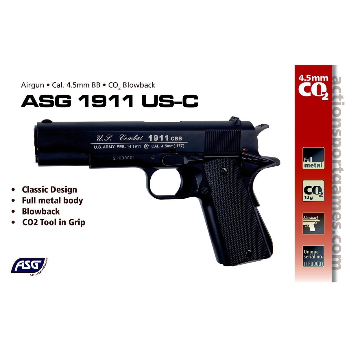 Wiatrówka ASG 1911 US-C 4,5 mm - Black