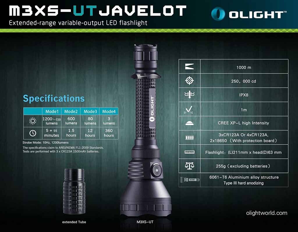 Latarka Olight M3XS-UT Javelot - 1200 lumenów, zasięg 1000m