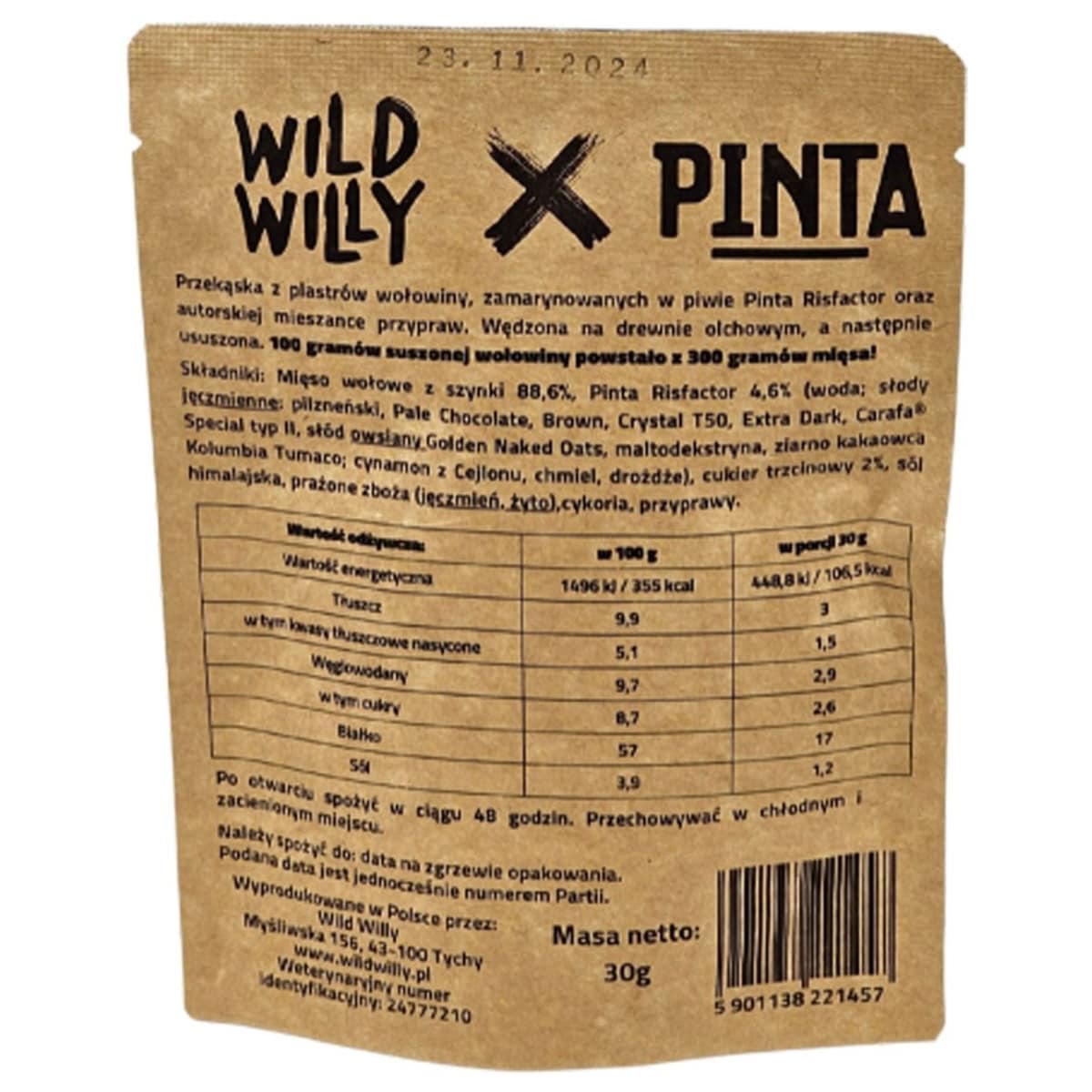 Suszona wołowina Wild Willy Beef Jerky Pinta Risfactor 30 g