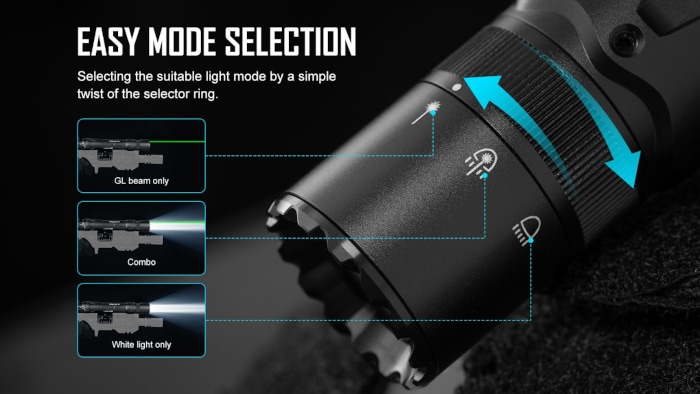 Latarka na broń z celownikiem laserowym Olight Odin GL M z montażem - 1500 lumenów. Green Laser
