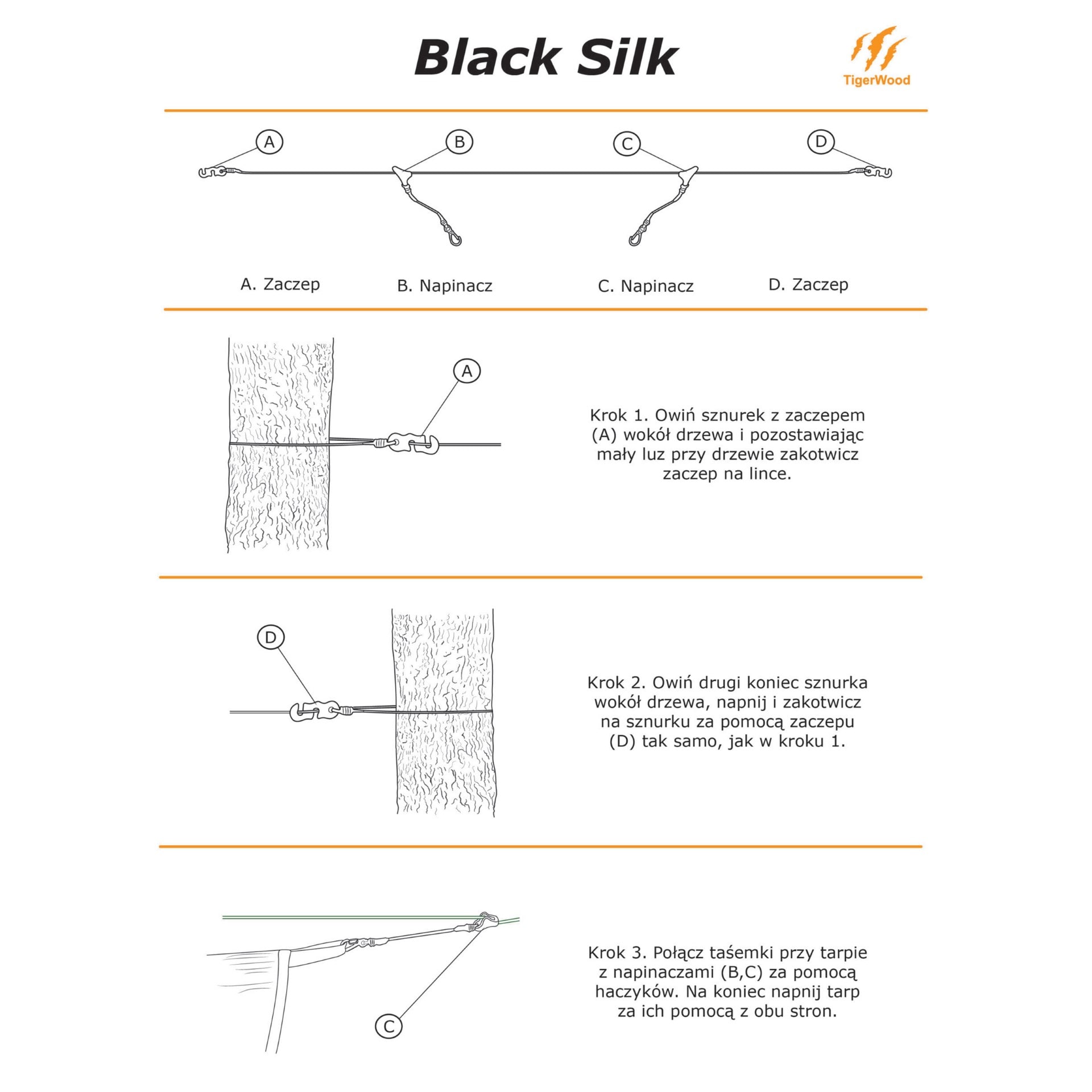 Zawieszenie płachty biwakowej TigerWood Reflective Silk 10 m - Black