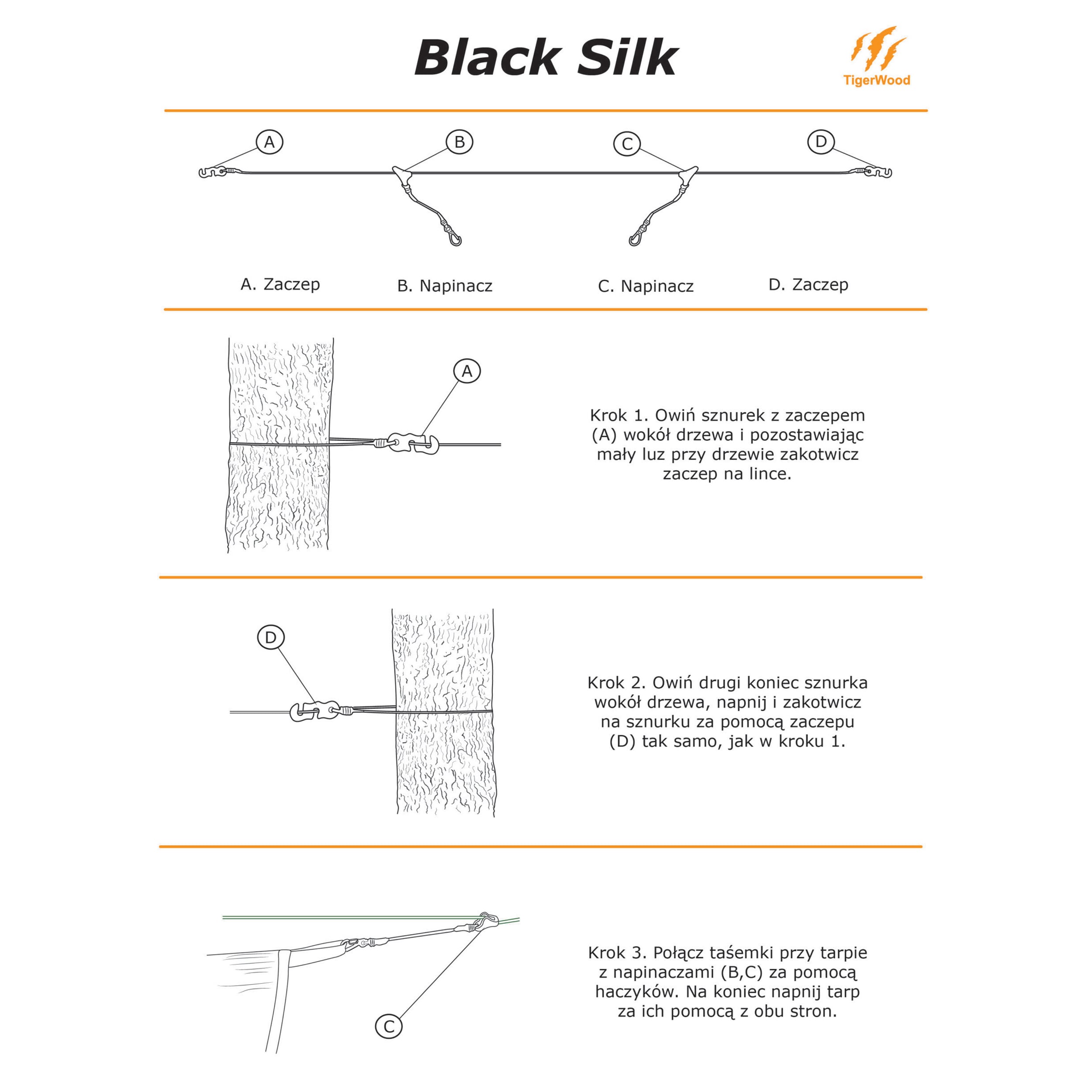 Zawieszenie płachty biwakowej Tigerwood Reflective Black Silk 7 m