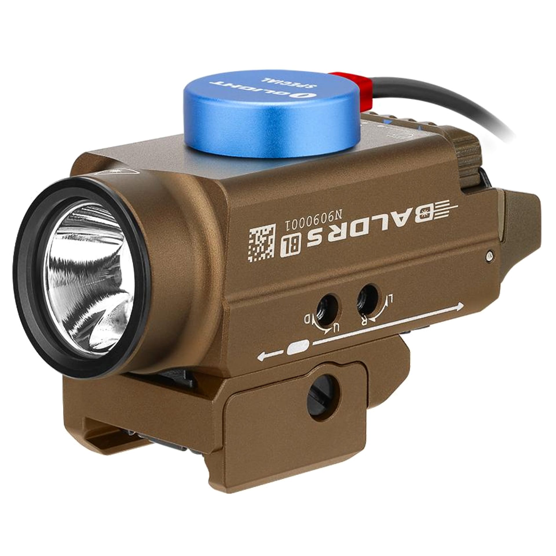 Latarka na broń z celownikiem laserowym Olight BALDR S Cool White Desert Tan - 800 lumenów, Blue Laser