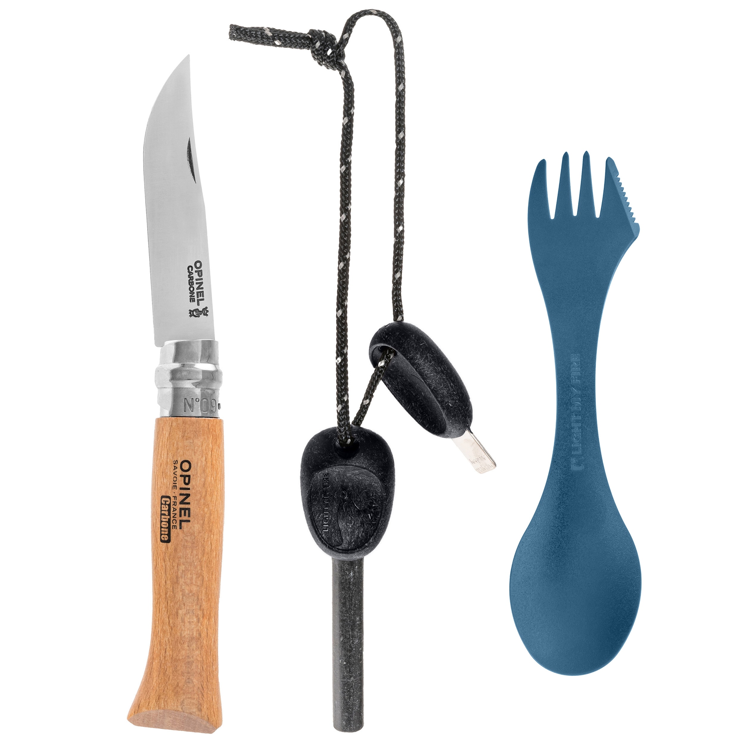 Nóż składany Opinel No.9 Carbon +  krzesiwo + spork Light My Fire - zestaw