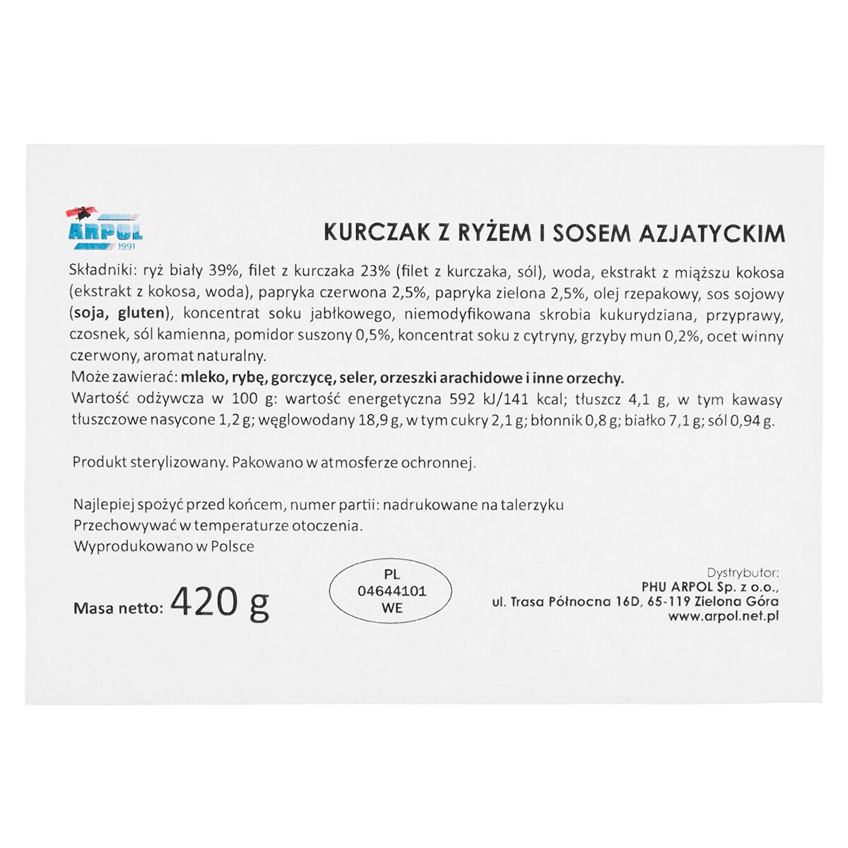 Racja żywnościowa Arpol Posiłek na szybko nr 16 - Kurczak z ryżem i sosem azjatyckim