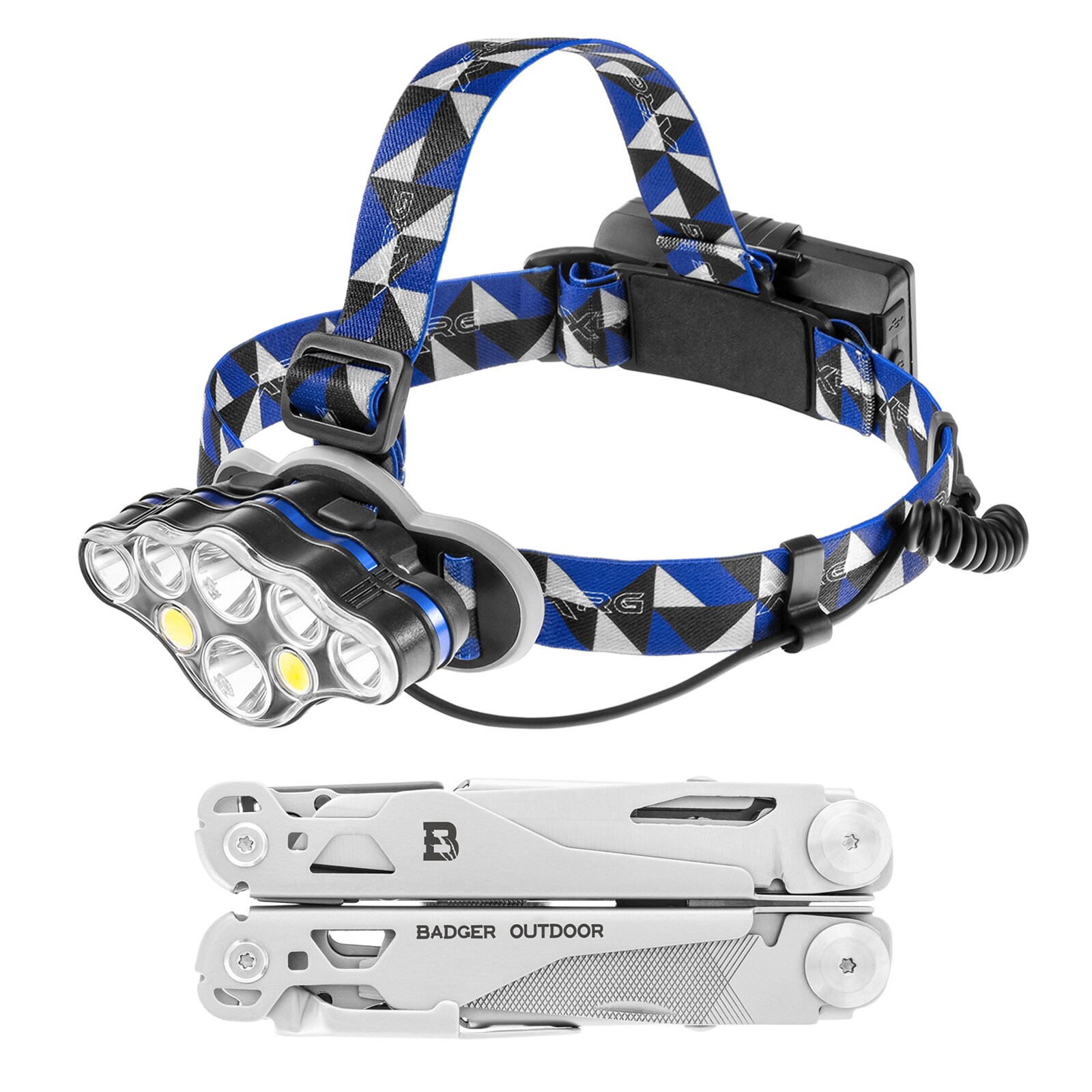 Multitool Badger Outdoor Solid + latarka czołowa XRG Multi H-X8 - zestaw