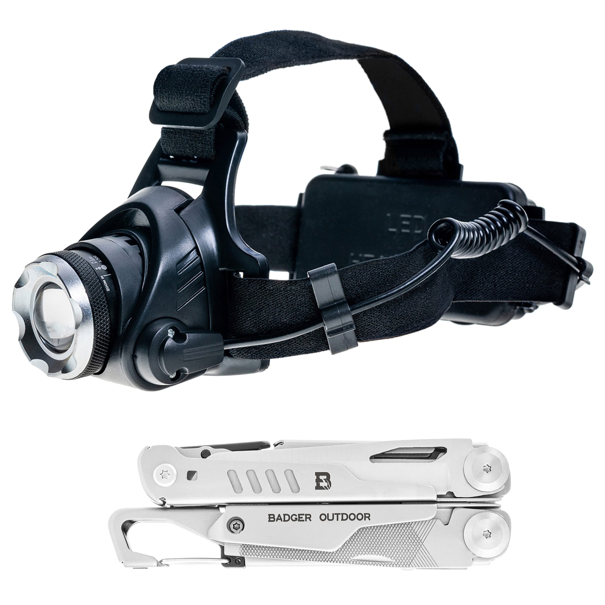 Multitool Badger Outdoor Fang + latarka czołowa XRG 200 - zestaw
