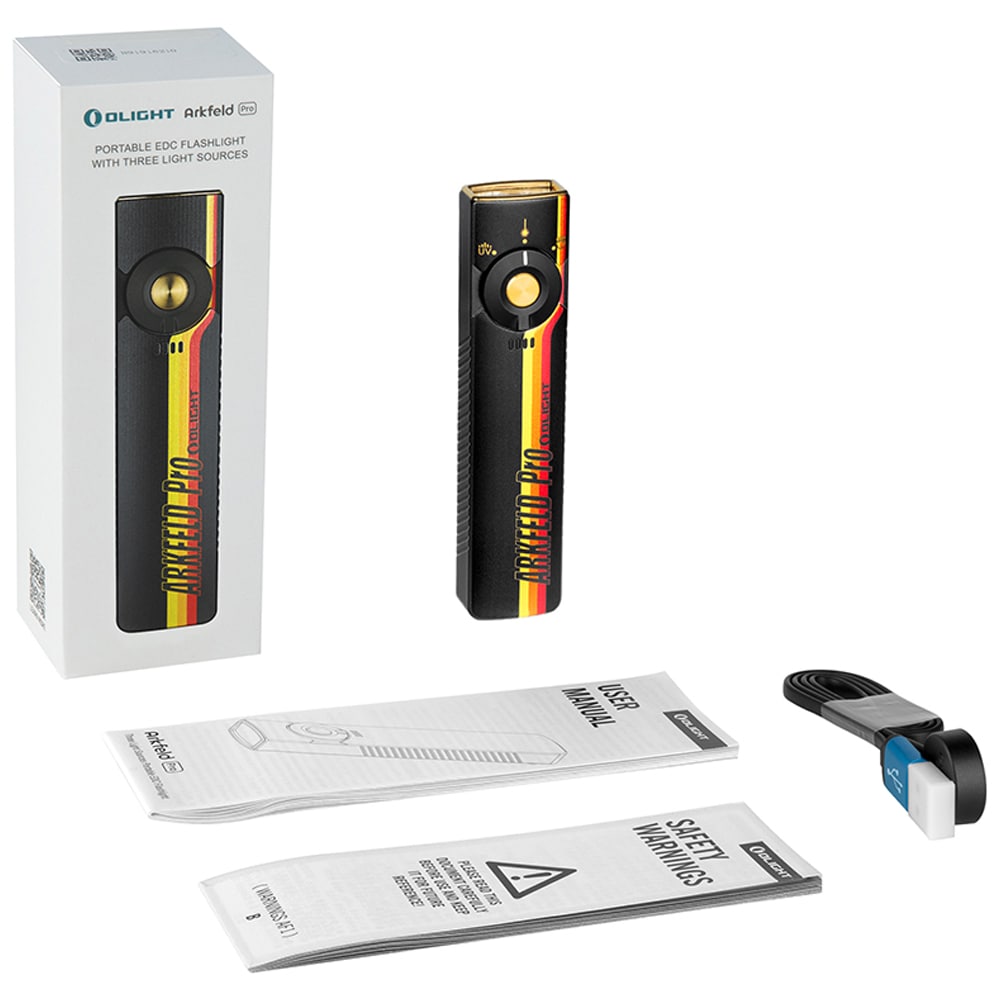 Latarka ze wskaźnikiem laserowym Olight Arkfeld Pro UV Cool White Racing Stripes - 1300 lumenów