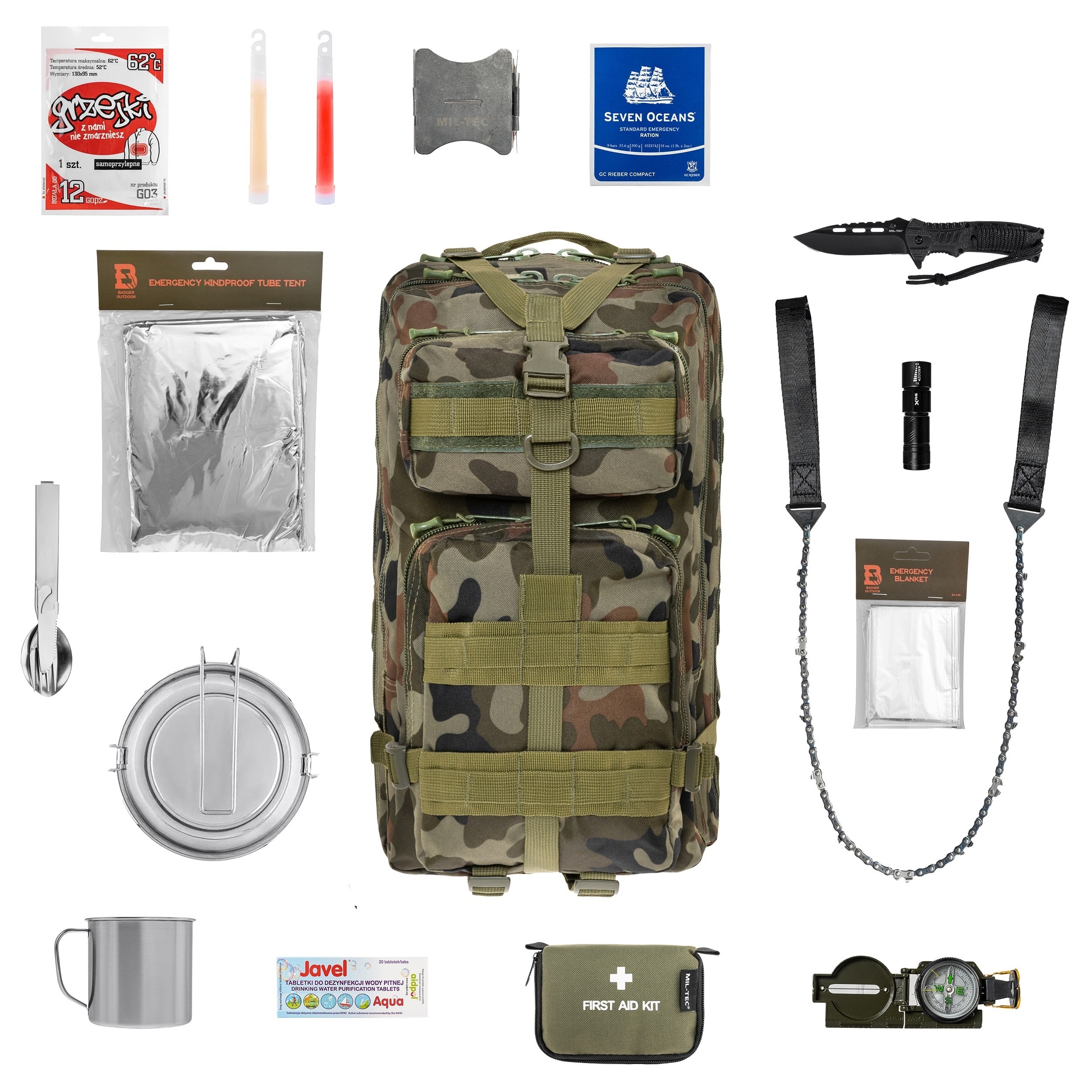 Plecak ewakuacyjny Badger Outdoor Recon 40 l wz.93 Pantera PL Woodland Medium - z wyposażeniem
