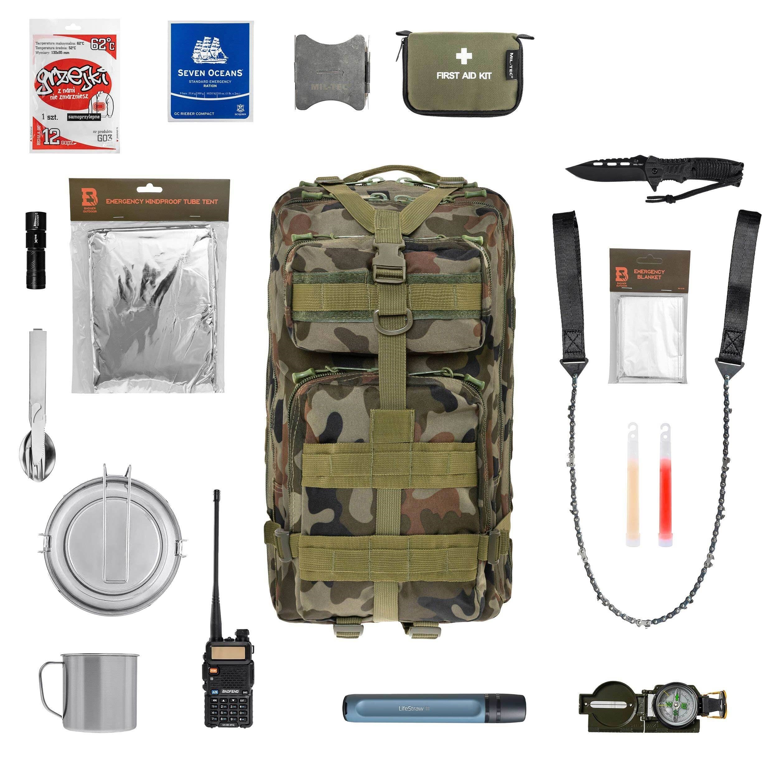 Plecak ewakuacyjny Badger Outdoor Recon 40 l wz.93 Pantera PL Woodland Large - z wyposażeniem