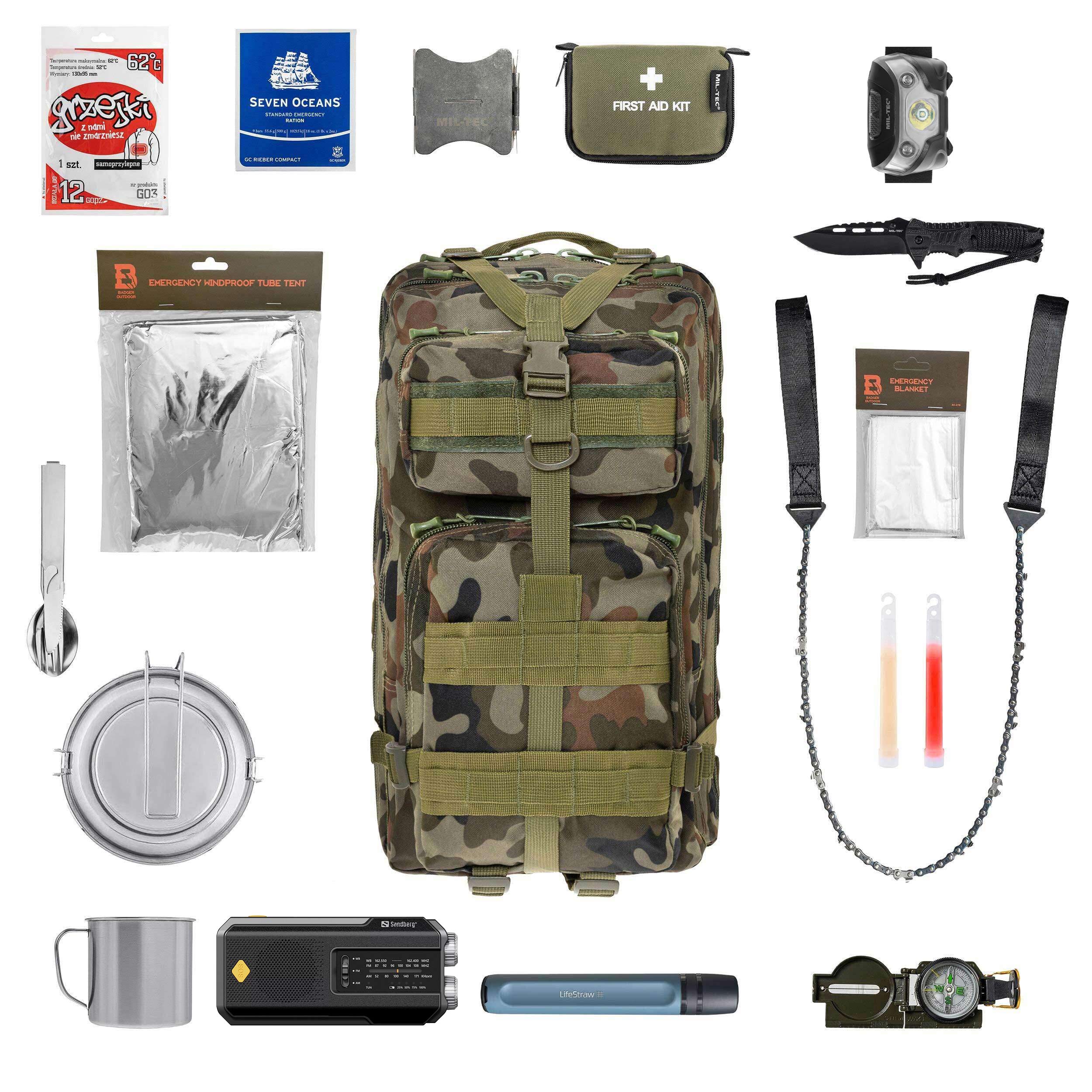 Plecak ewakuacyjny Badger Outdoor Recon 40 l wz.93 Pantera PL Woodland Large - z wyposażeniem