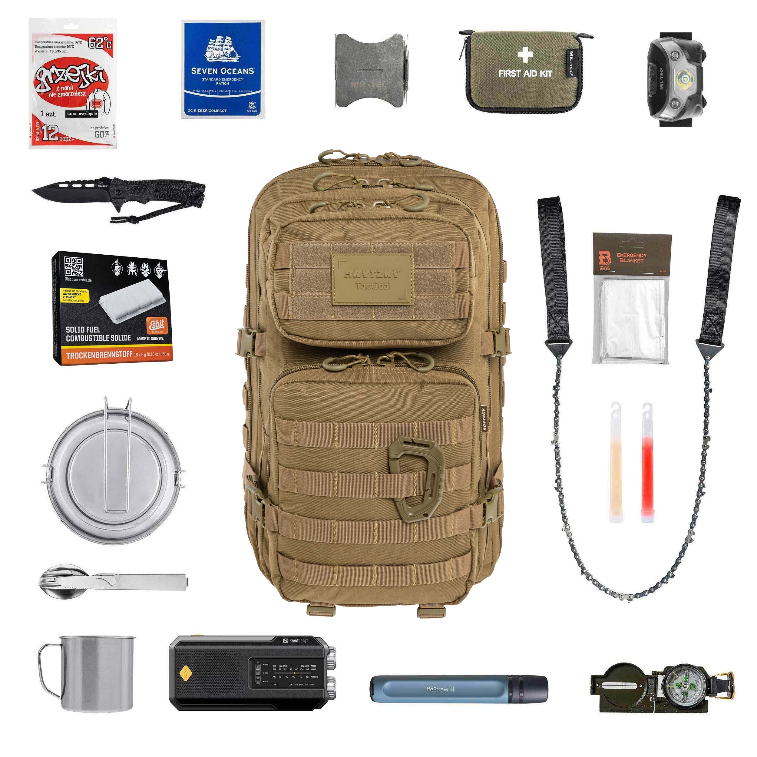 Plecak ewakuacyjny Brytzky Tactical Polygon Large 36 l Coyote Large - z wyposażeniem