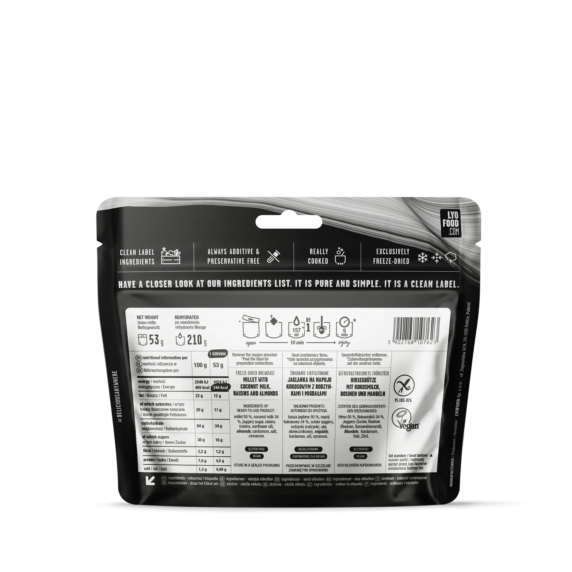 Żywność liofilizowana LYOFOOD Jaglanka na napoju kokosowym z rodzynkami i migdałami 53 g/244 kcal