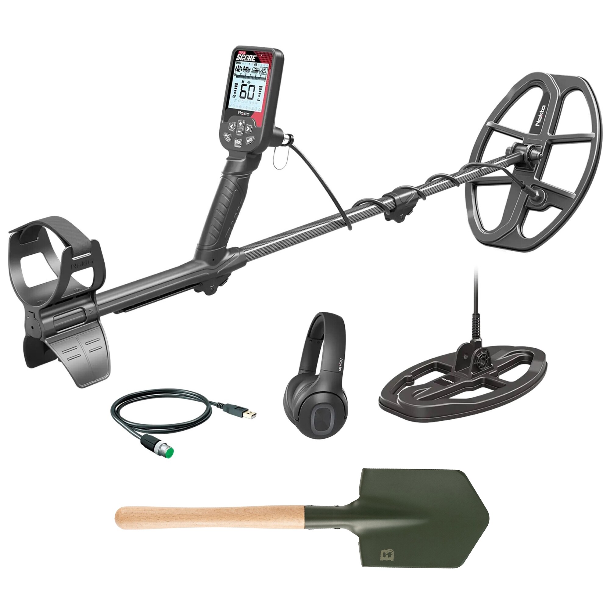 Wykrywacz metali Nokta Triple Score + słuchawki bezprzewodowe Nokta Bluetooth + cewka SC24 + saperka Badger Outdoor Forces Shovel - zestaw