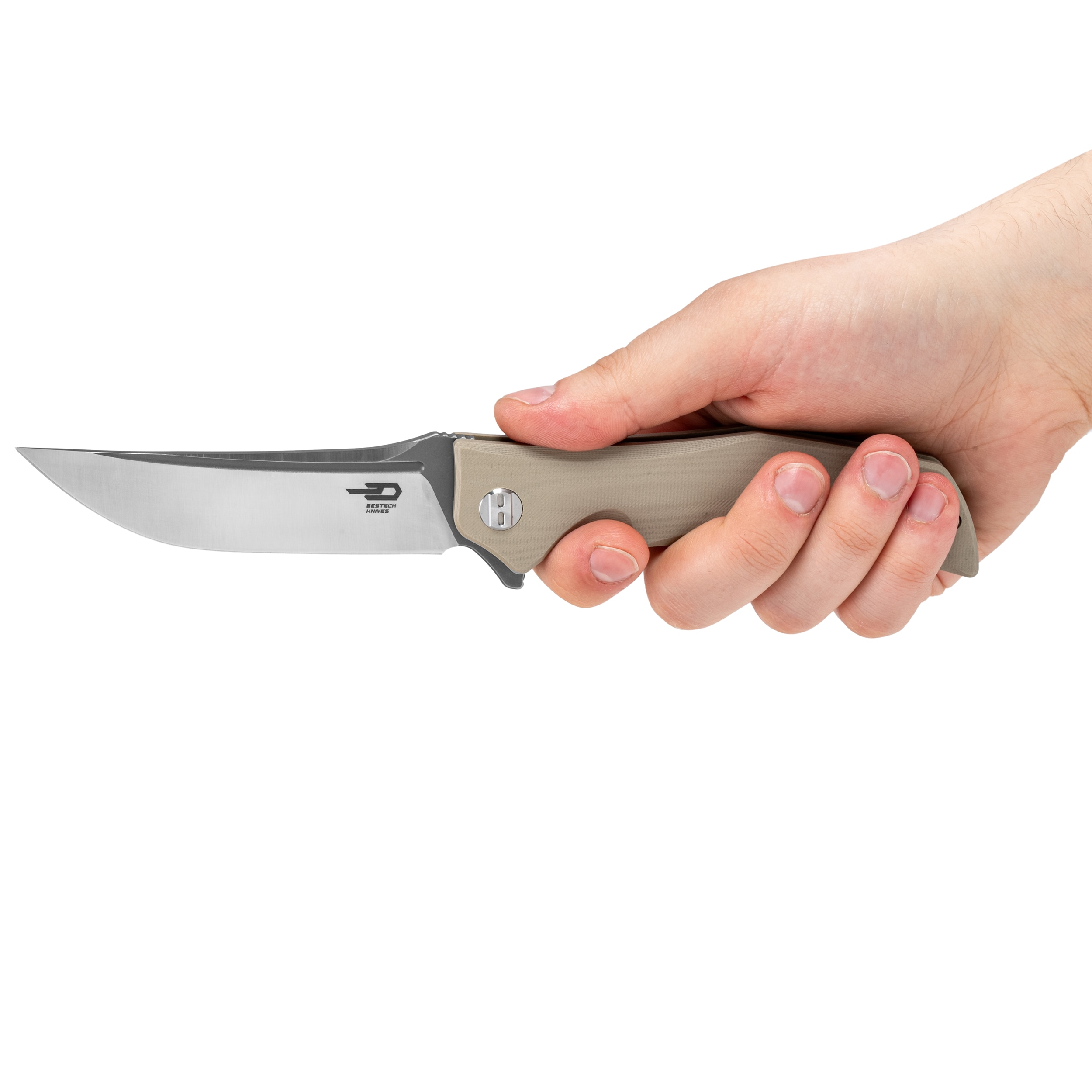 Bestech Knives Scimitar Folding Knife - Beige/Gray Satin