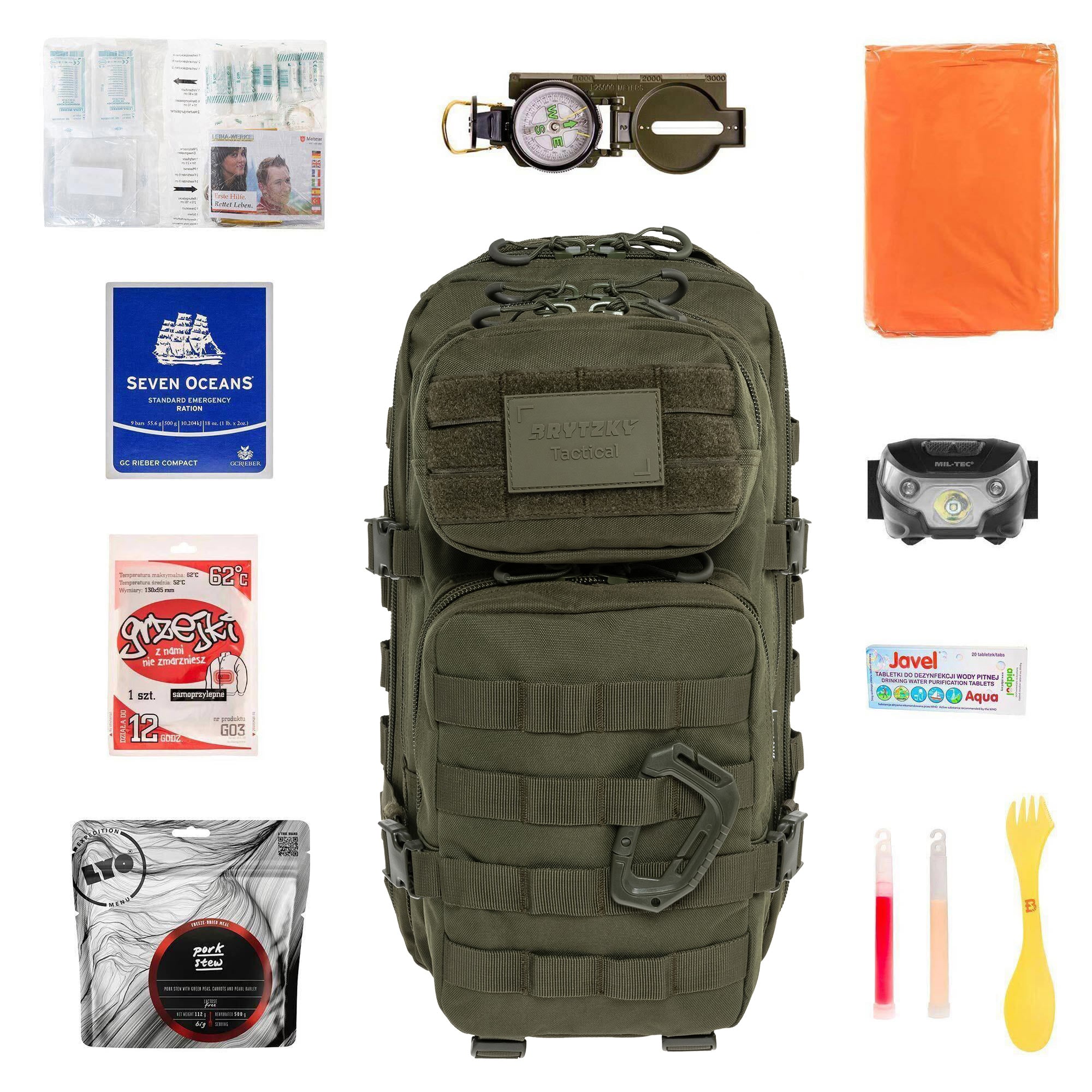 Plecak ewakuacyjny Brytzky Tactical Polygon Small 20 l Olive V2 - z wyposażeniem