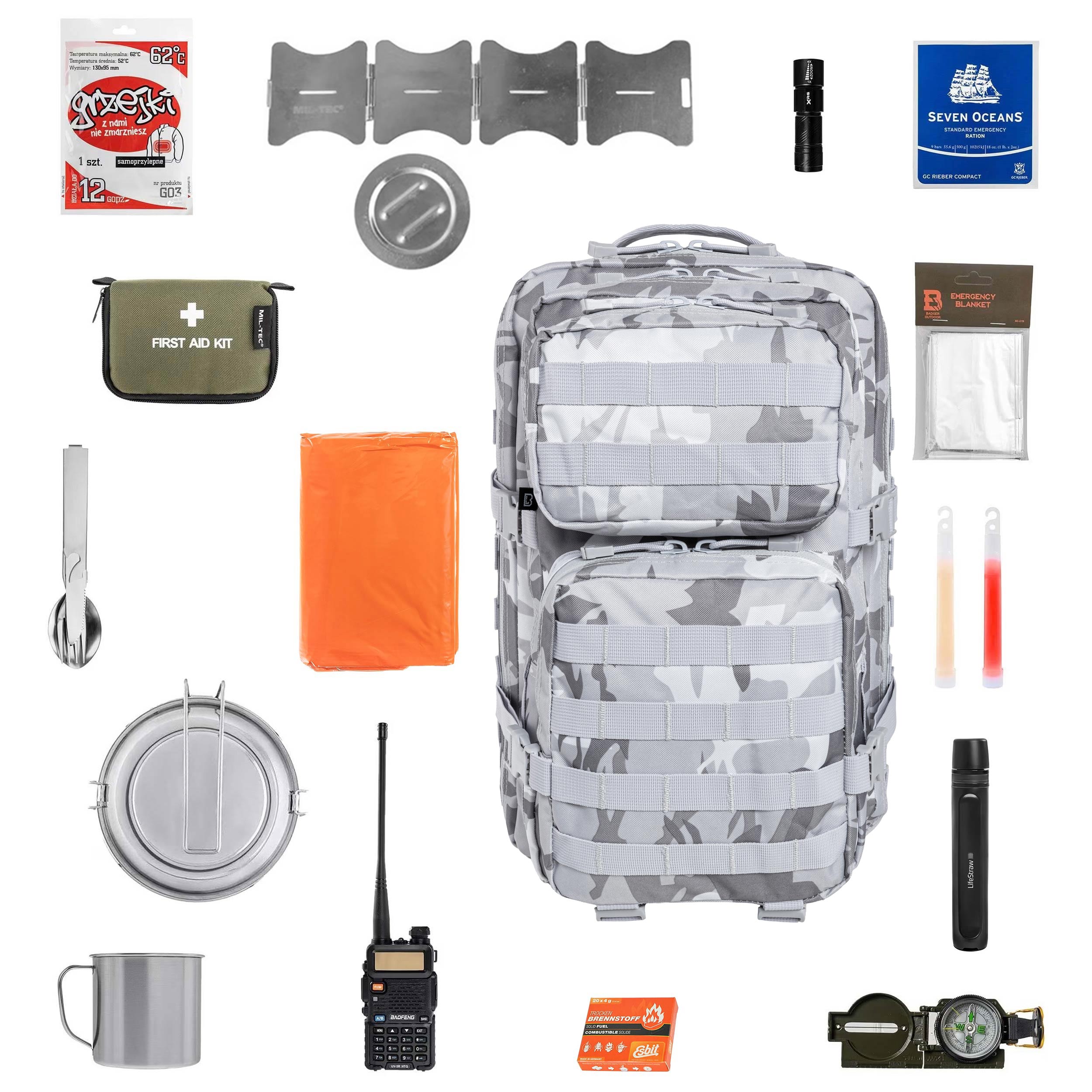 Plecak ewakuacyjny Brandit US Cooper 40 l Blizzard Camo Large V2 - z wyposażeniem