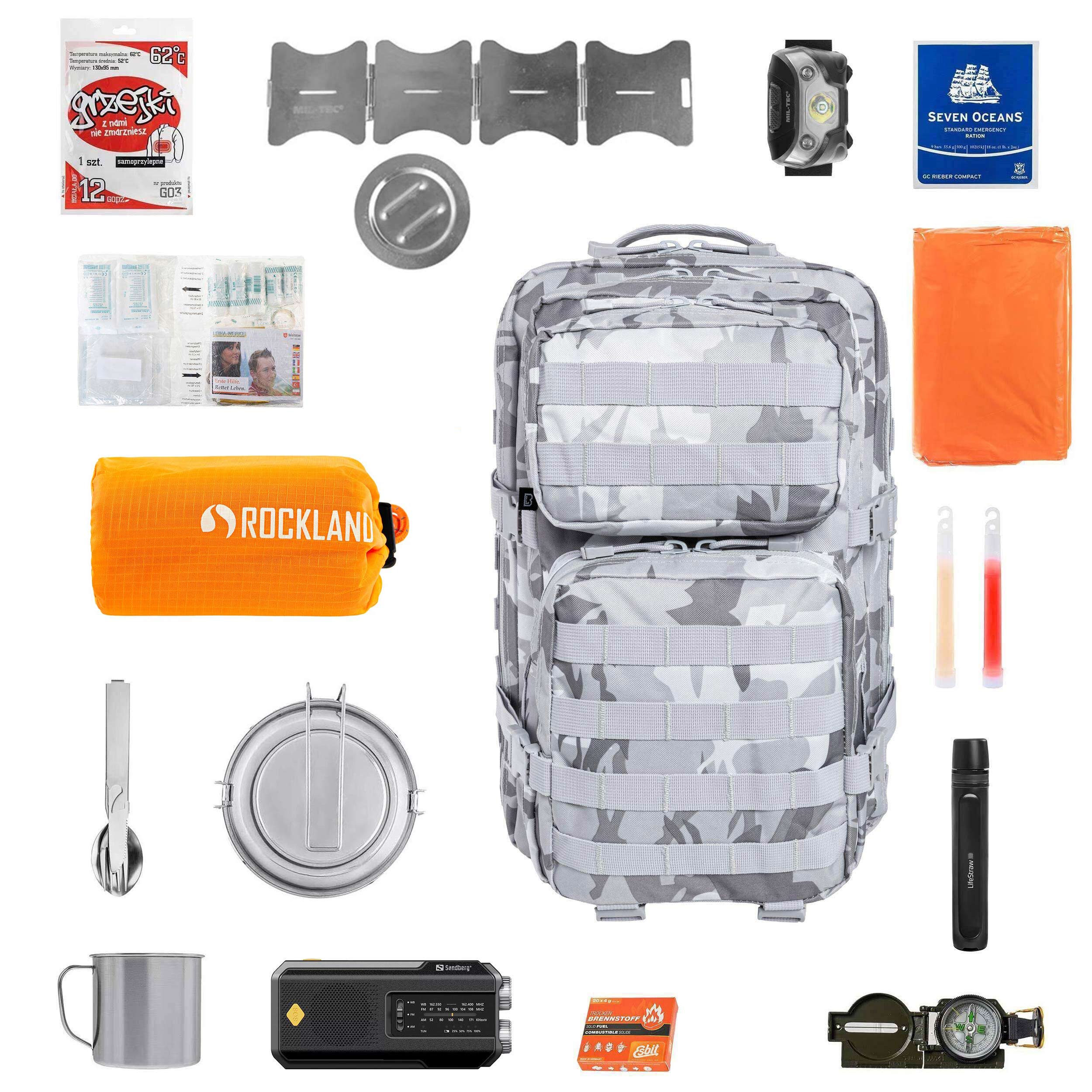 Евакуаційний рюкзак Brandit US Cooper 40 л Blizzard Camo Large V2 - зі спорядженням