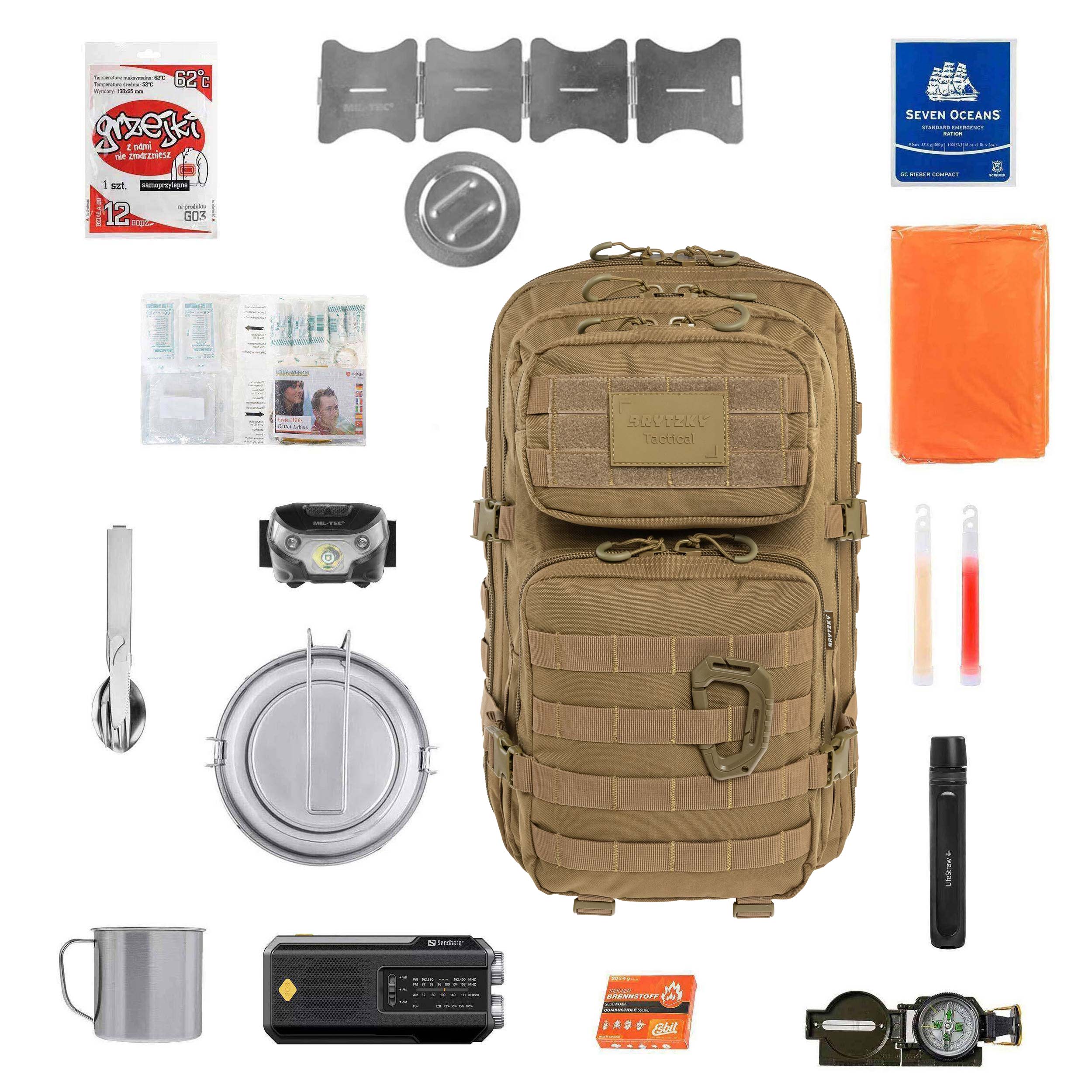 Plecak ewakuacyjny Brytzky Tactical Polygon Large 36 l Coyote Large V2 - z wyposażeniem
