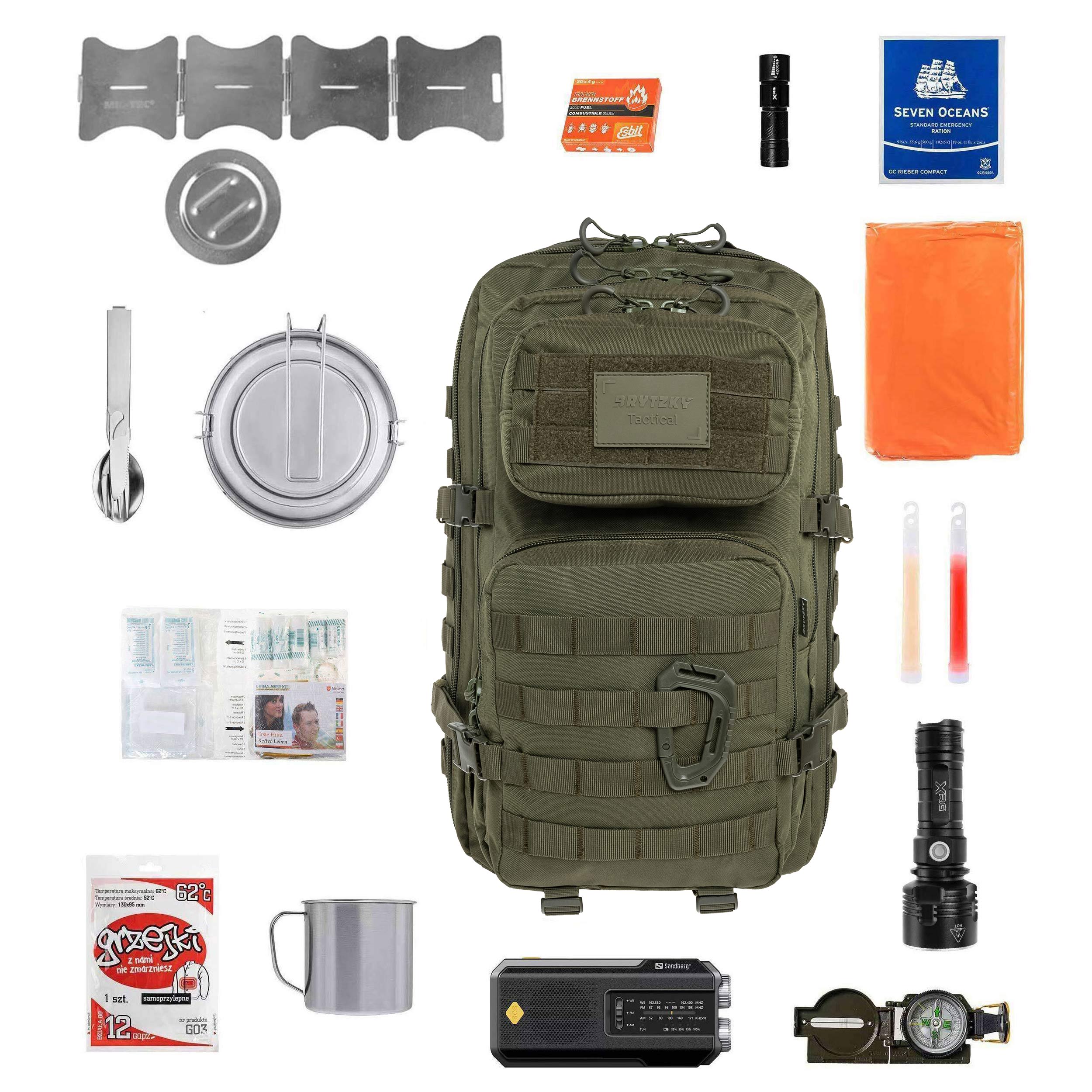 Plecak ewakuacyjny Brytzky Tactical Polygon Large 36 l Olive - z wyposażeniem