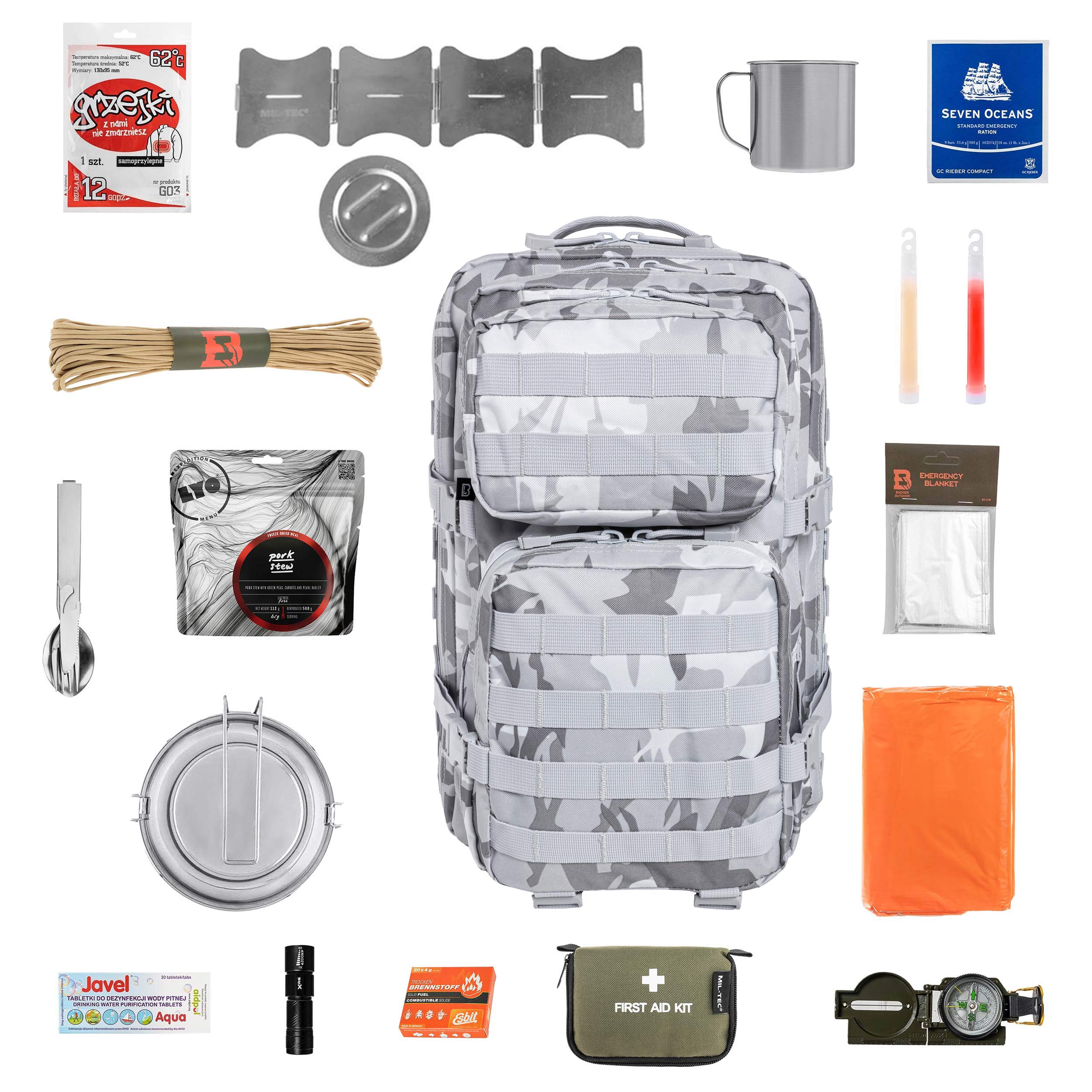 Plecak ewakuacyjny Brandit US Cooper 40 l Blizzard Camo Medium V2 - z wyposażeniem