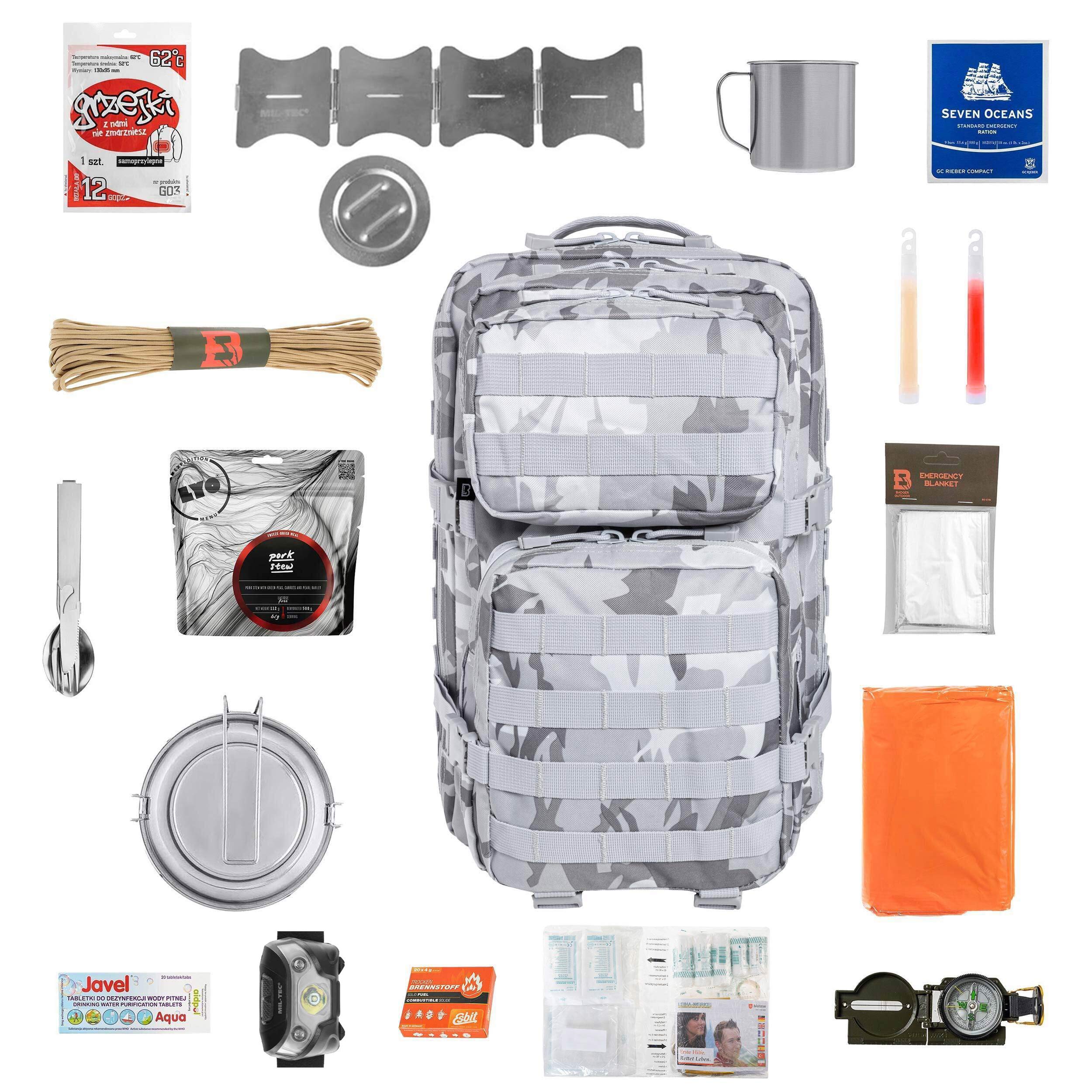 Евакуаційний рюкзак Brandit US Cooper 40 л Blizzard Camo Medium V2 - зі спорядженням