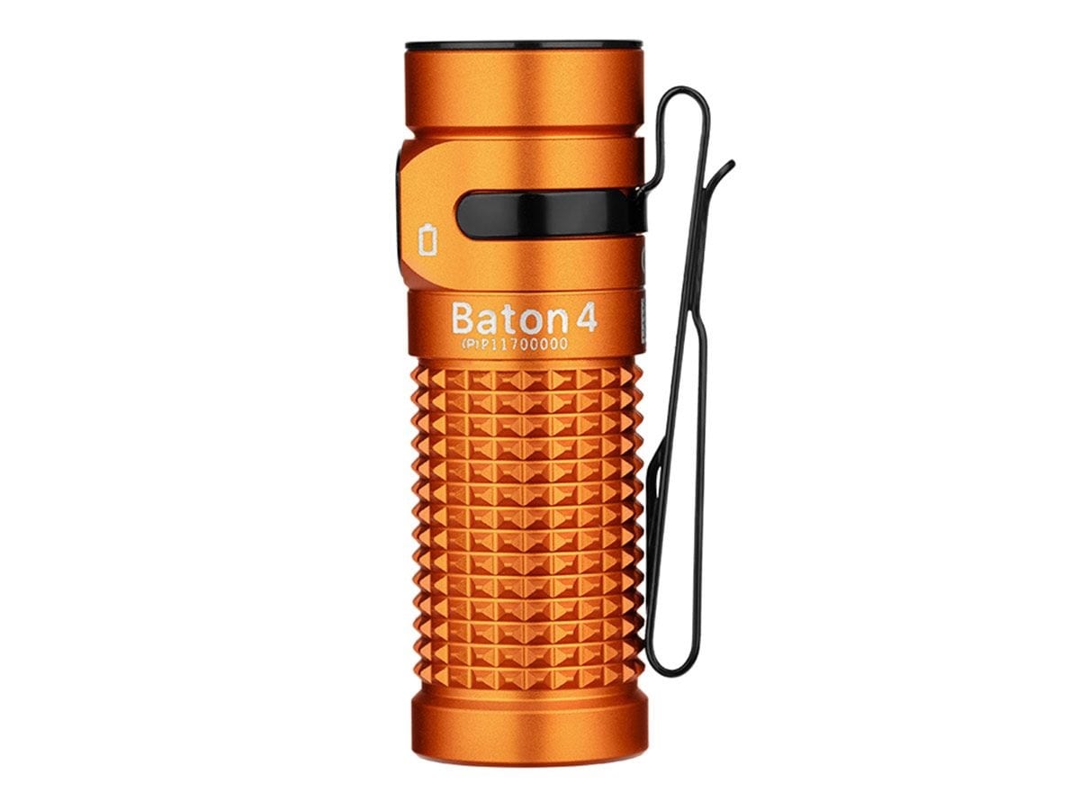 Latarka Olight Baton 4 Premium Edition Orange z bezprzewodowym etui ładującym - 1300 lumenów