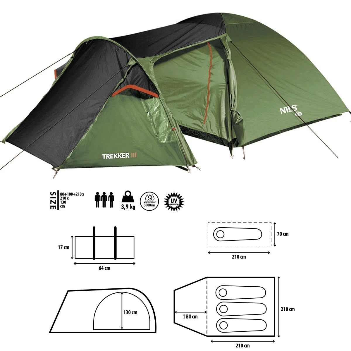 Namiot 3-osobowy Nils Camp Trekker III NC6312 - Czarno-Zielony