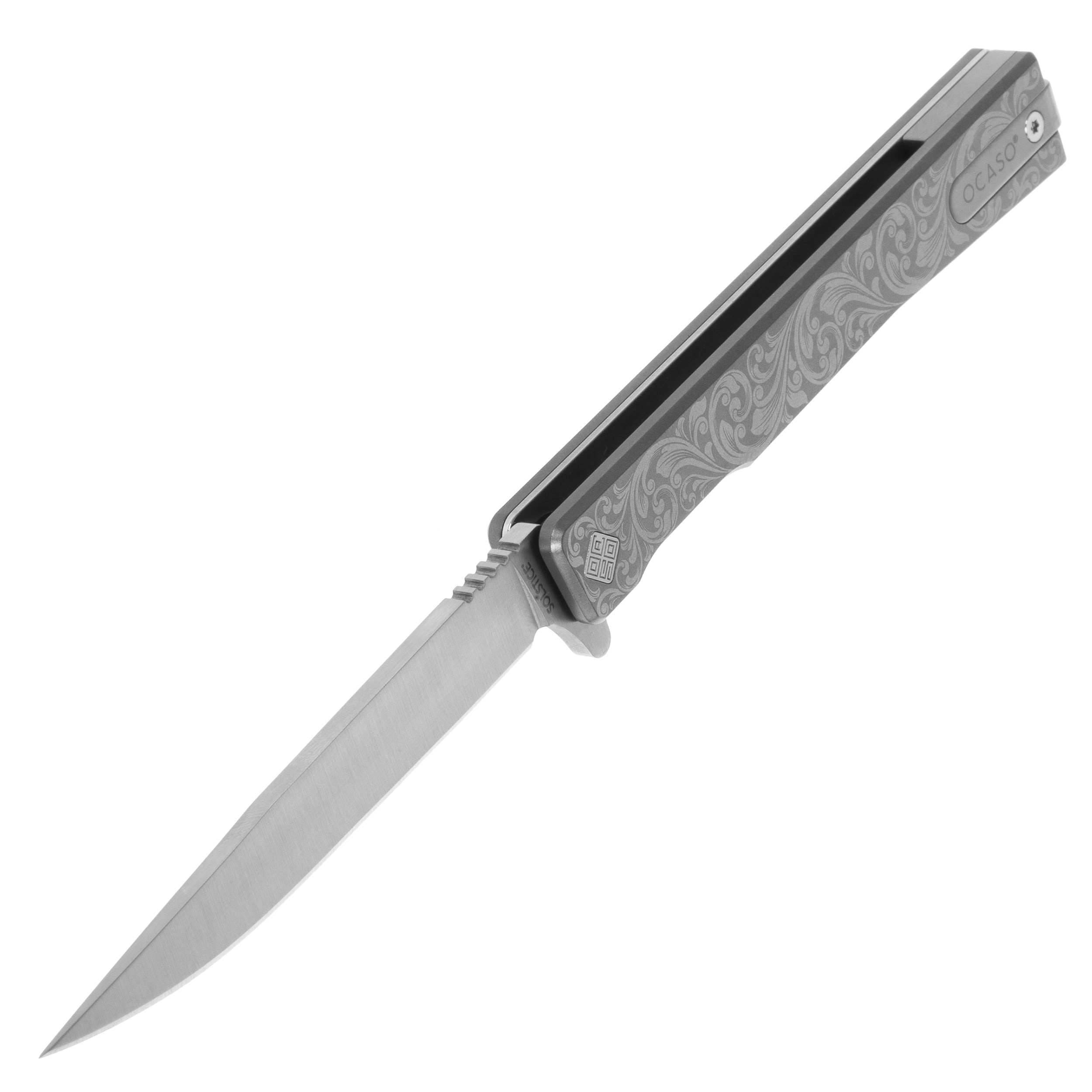 Nóż składany Ocaso Solstice Engraved Titanium - Satin/Scroll