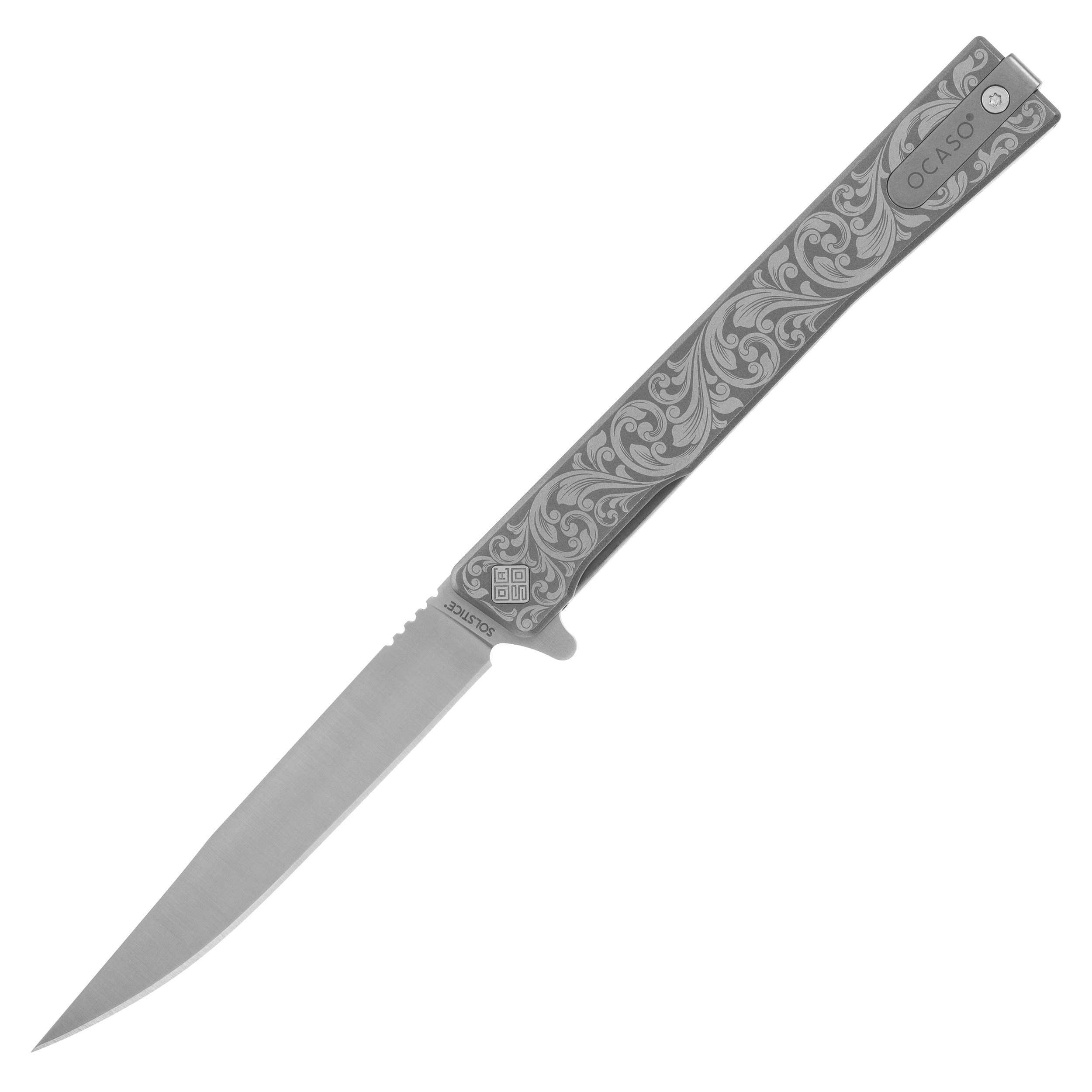 Nóż składany Ocaso Solstice Engraved Titanium - Satin/Scroll