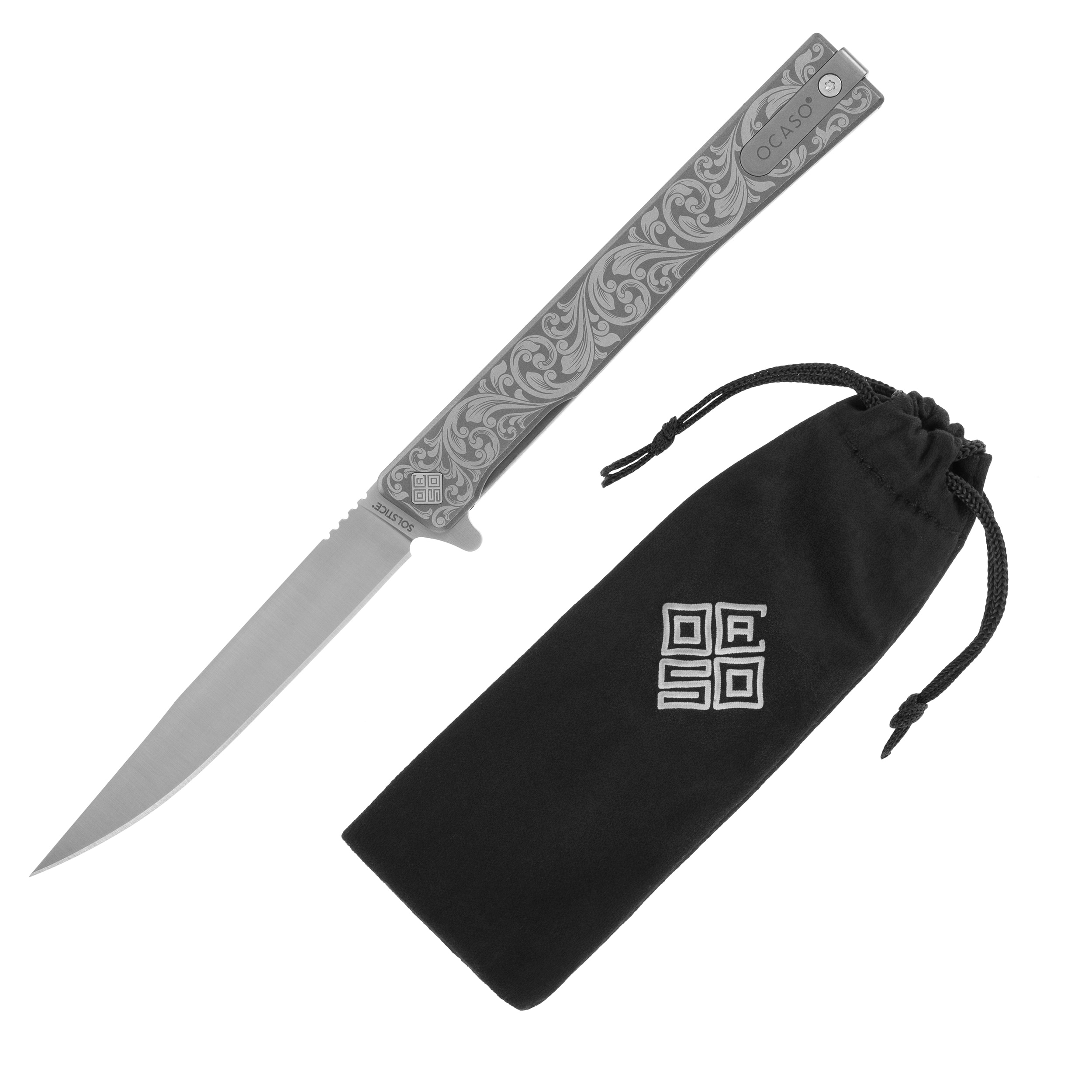 Nóż składany Ocaso Solstice Engraved Titanium - Satin/Scroll