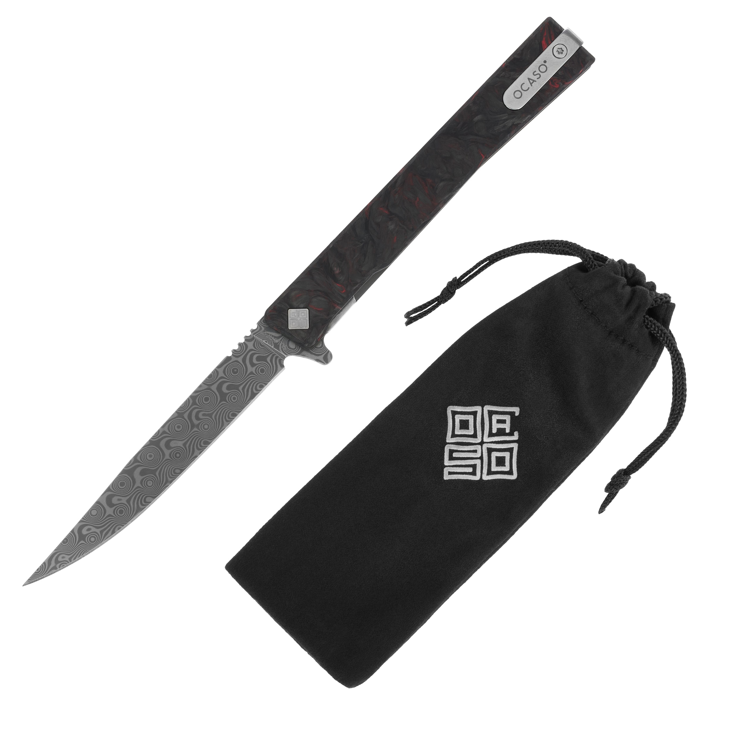 Nóż składany Ocaso Solstice Damascus Fat Carbon - Dark Matter Red