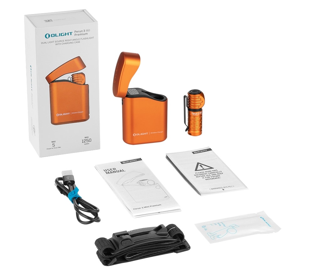 Latarka czołowa i kątowa Olight Perun 3 Mini Premium Cool White Orange z opaską - 1250 lumenów
