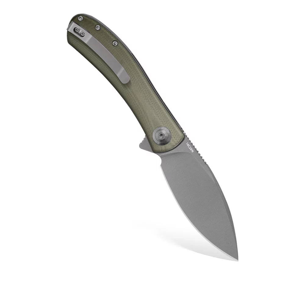 Nóż składany Trollsky Knives Mandu EVO Grey Stonewashed 14C28N/OD Green G10