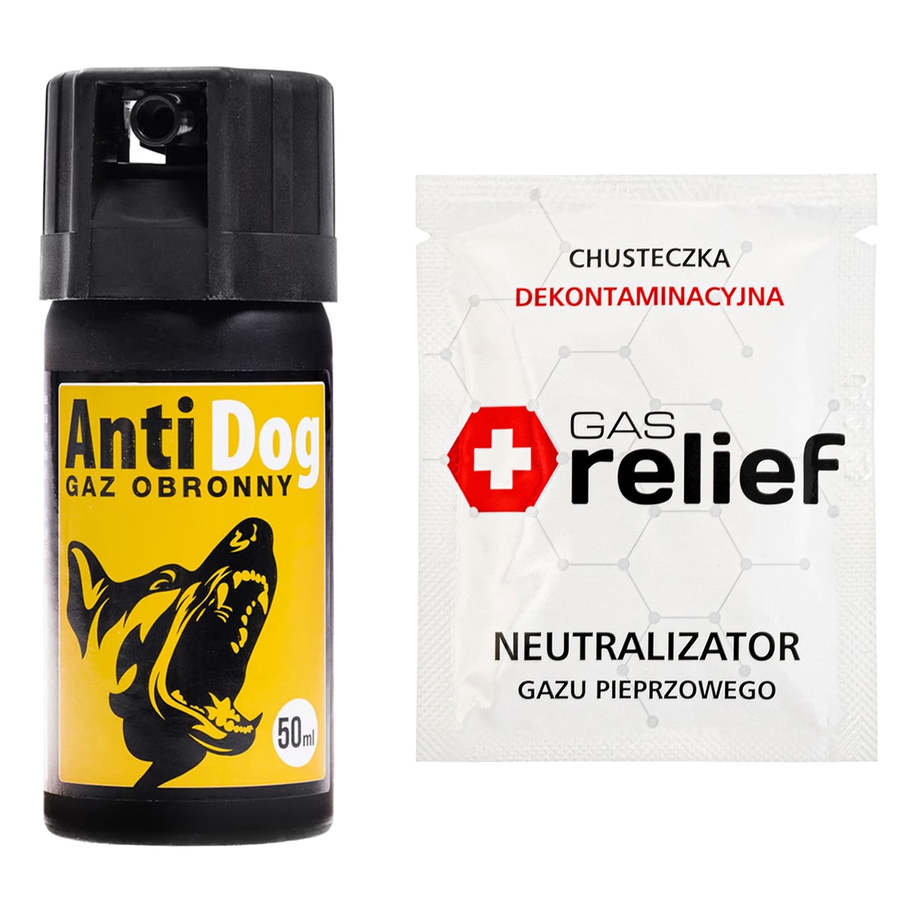 Gaz pieprzowy na psy i wilki AntiDog 50 ml stożek + chusteczka neutralizująca Gas Relief - zestaw