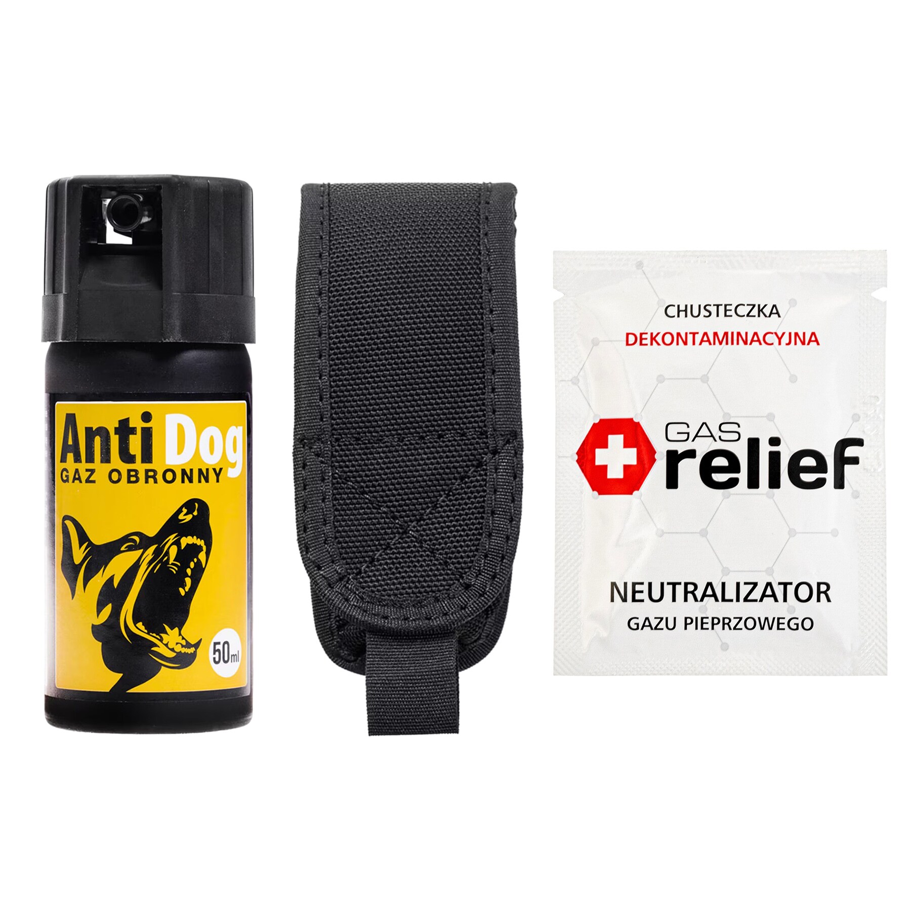 Gaz pieprzowy na psy i wilki AntiDog 50 ml stożek + chusteczka neutralizująca Gas Relief + kabura - zestaw