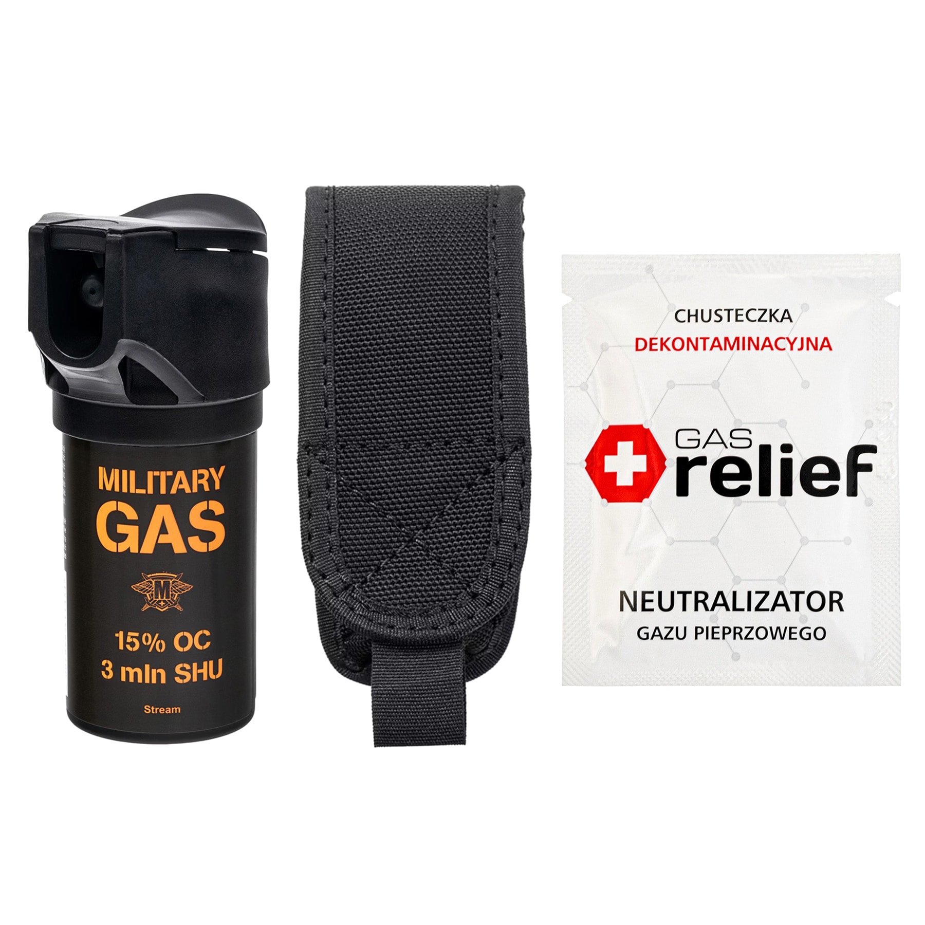 Gaz pieprzowy Military Gas 50 ml strumień + chusteczka neutralizująca Gas Relief + kabura - zestaw