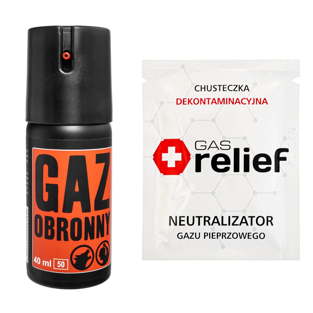 Gaz pieprzowy Obronny 50 ml stożek + chusteczka neutralizująca Gas Relief - zestaw