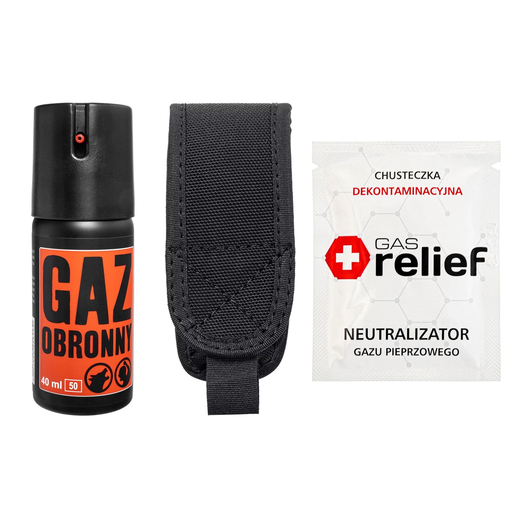 Gaz pieprzowy Obronny 50 ml stożek + chusteczka neutralizująca Gas Relief + kabura - zestaw