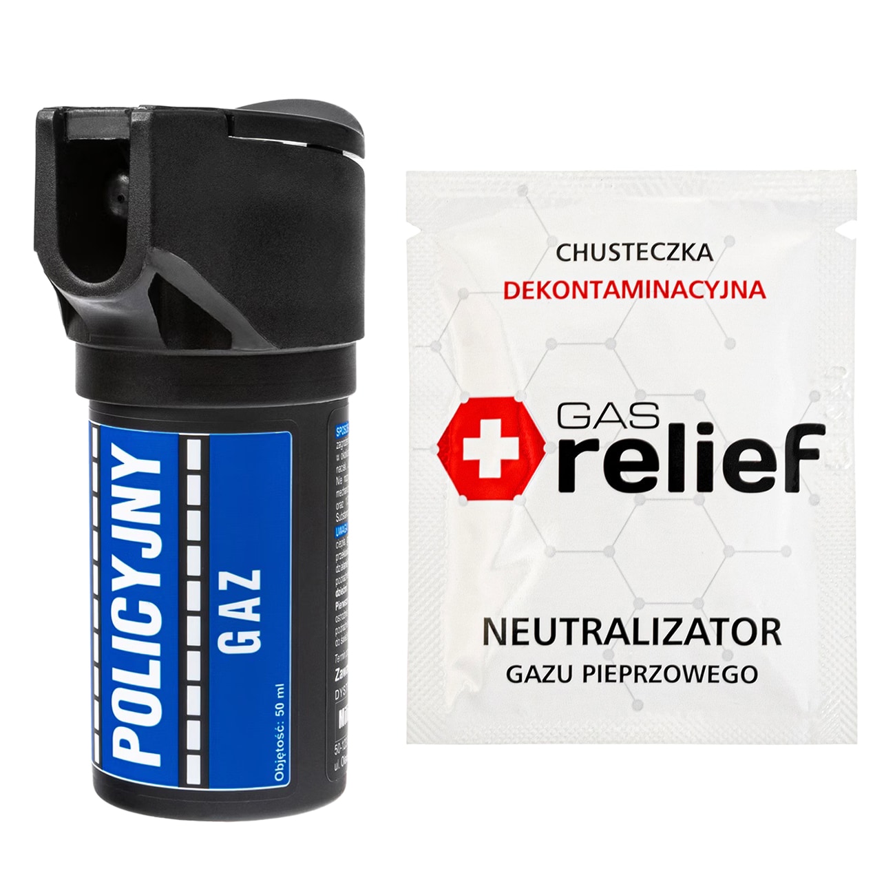 Gaz pieprzowy Policyjny 50 ml strumień + chusteczka neutralizująca Gas Relief - zestaw