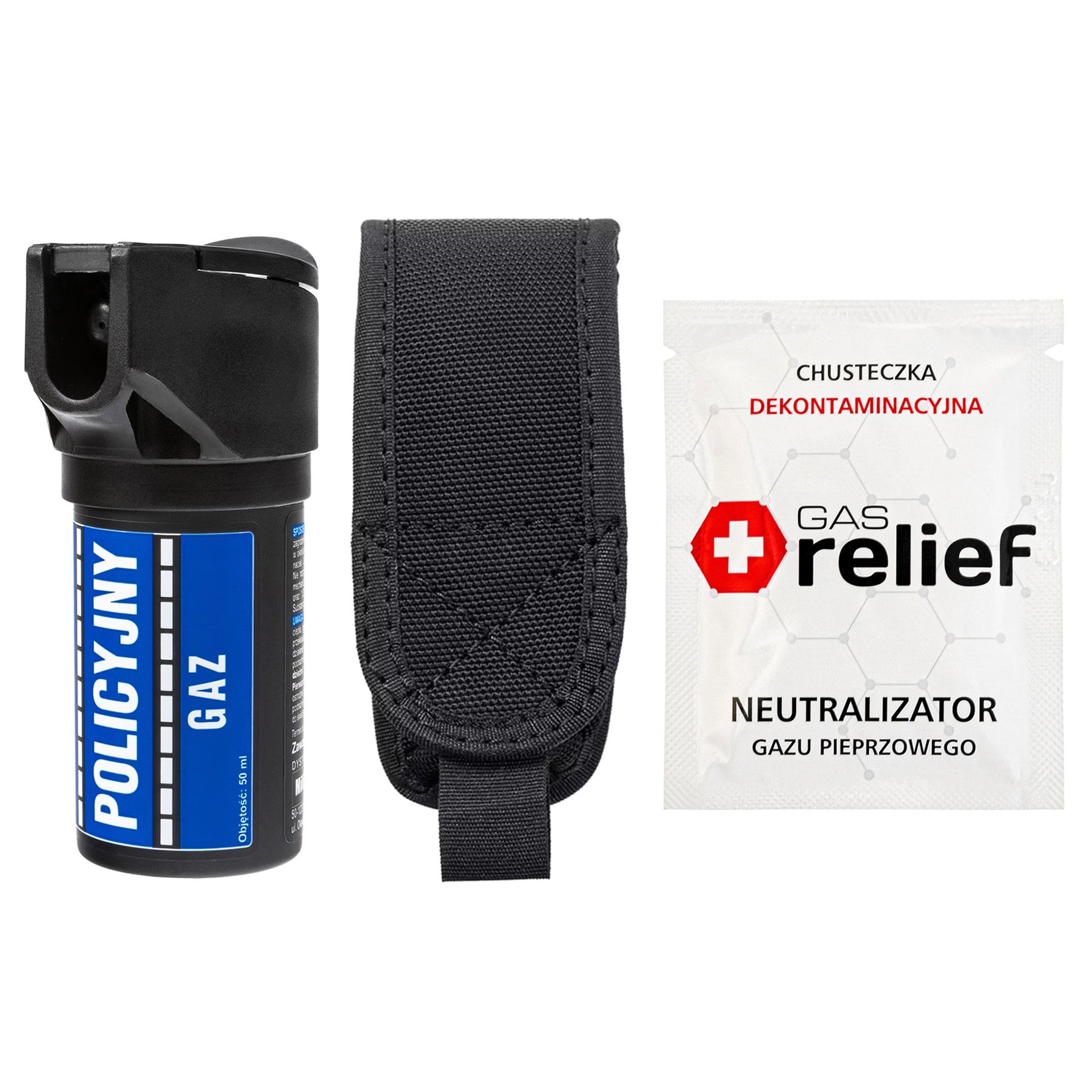 Gaz pieprzowy Policyjny 50 ml strumień + chusteczka neutralizująca Gas Relief + kabura - zestaw