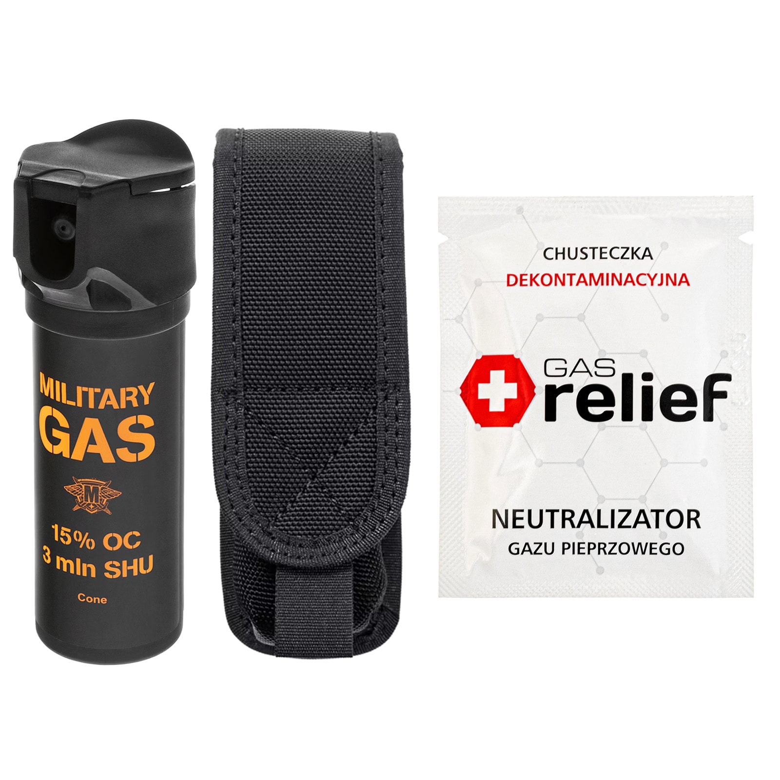 Gaz pieprzowy Military Gas 75 ml stożek + chusteczka neutralizująca Gas Relief + kabura - zestaw