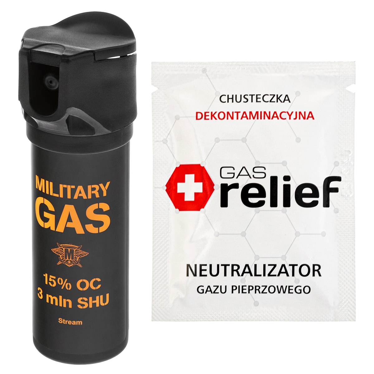 Gaz pieprzowy Military Gas 75 ml strumień + chusteczka neutralizująca Gas Relief - zestaw