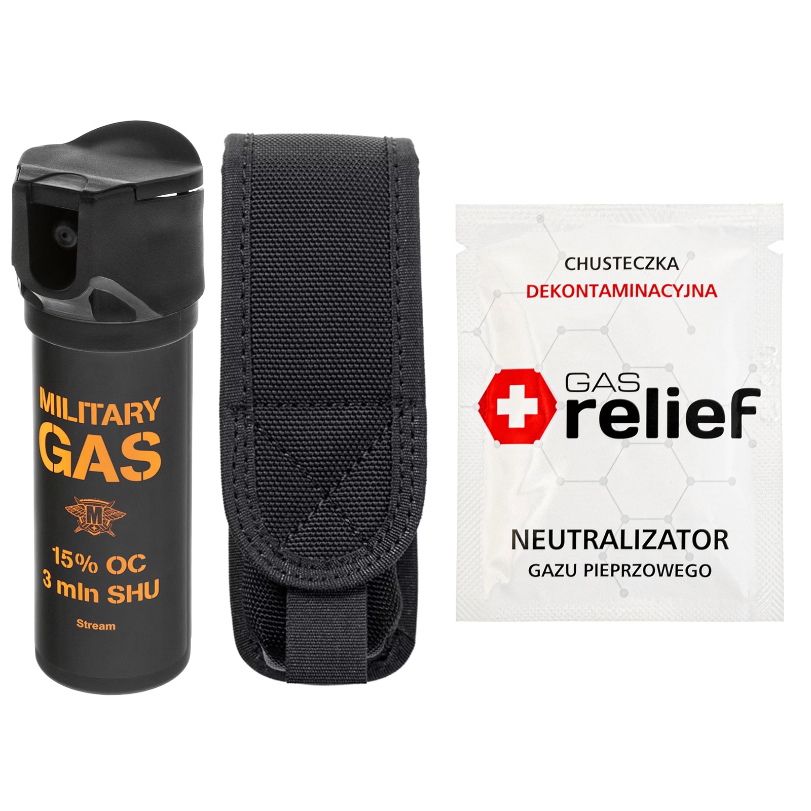 Gaz pieprzowy Military Gas 75 ml strumień + chusteczka neutralizująca Gas Relief + kabura - zestaw