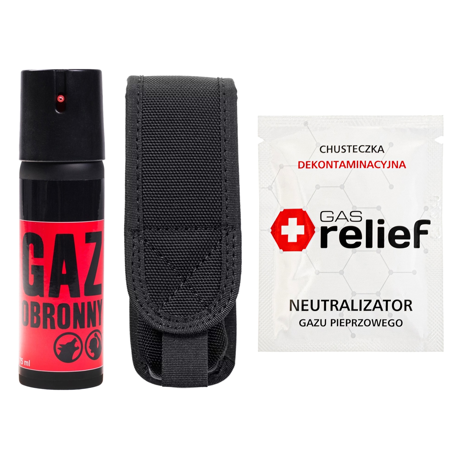 Gaz pieprzowy Obronny 75 ml stożek + chusteczka neutralizująca Gas Relief + kabura - zestaw