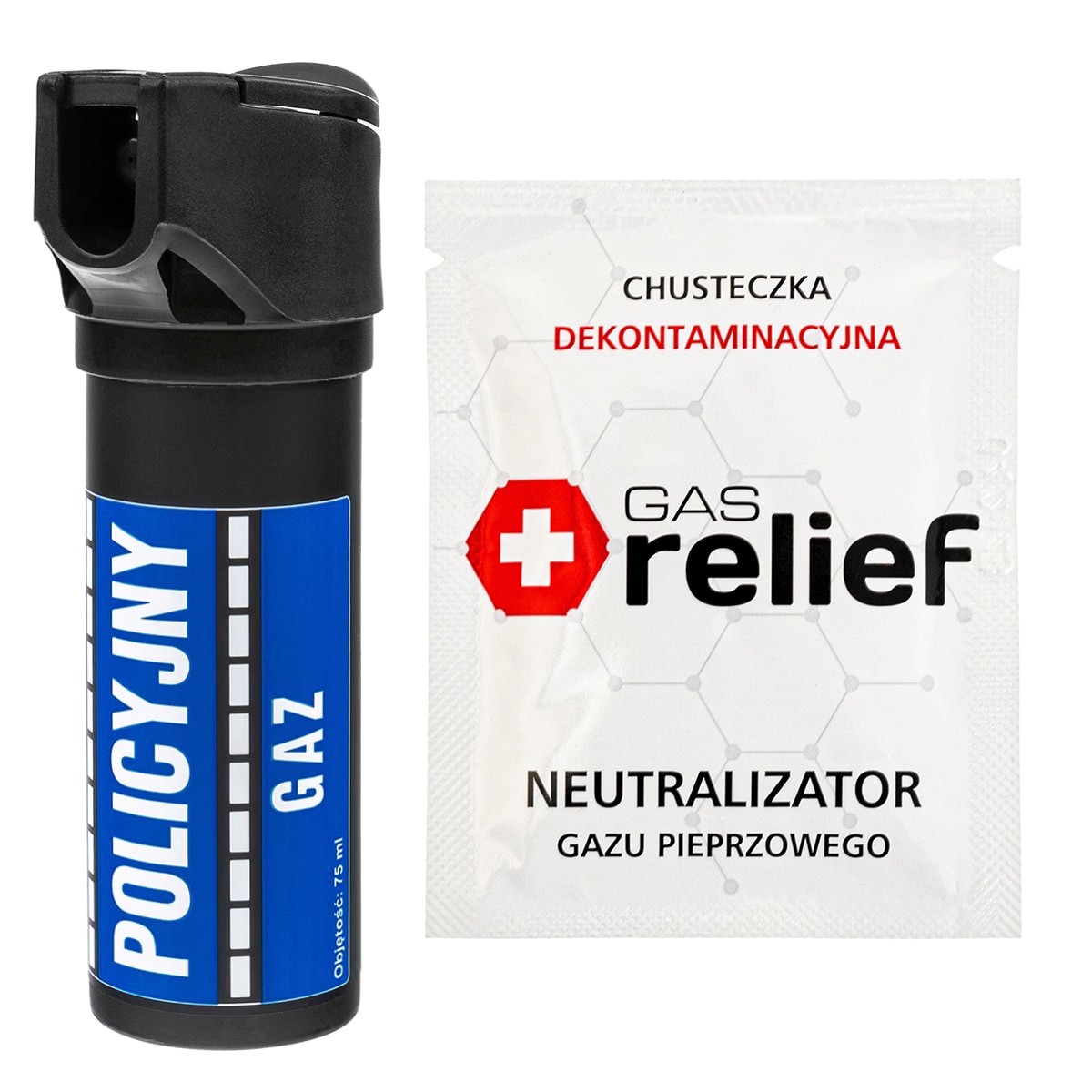 Gaz pieprzowy Policyjny 75 ml strumień + chusteczka neutralizująca Gas Relief - zestaw