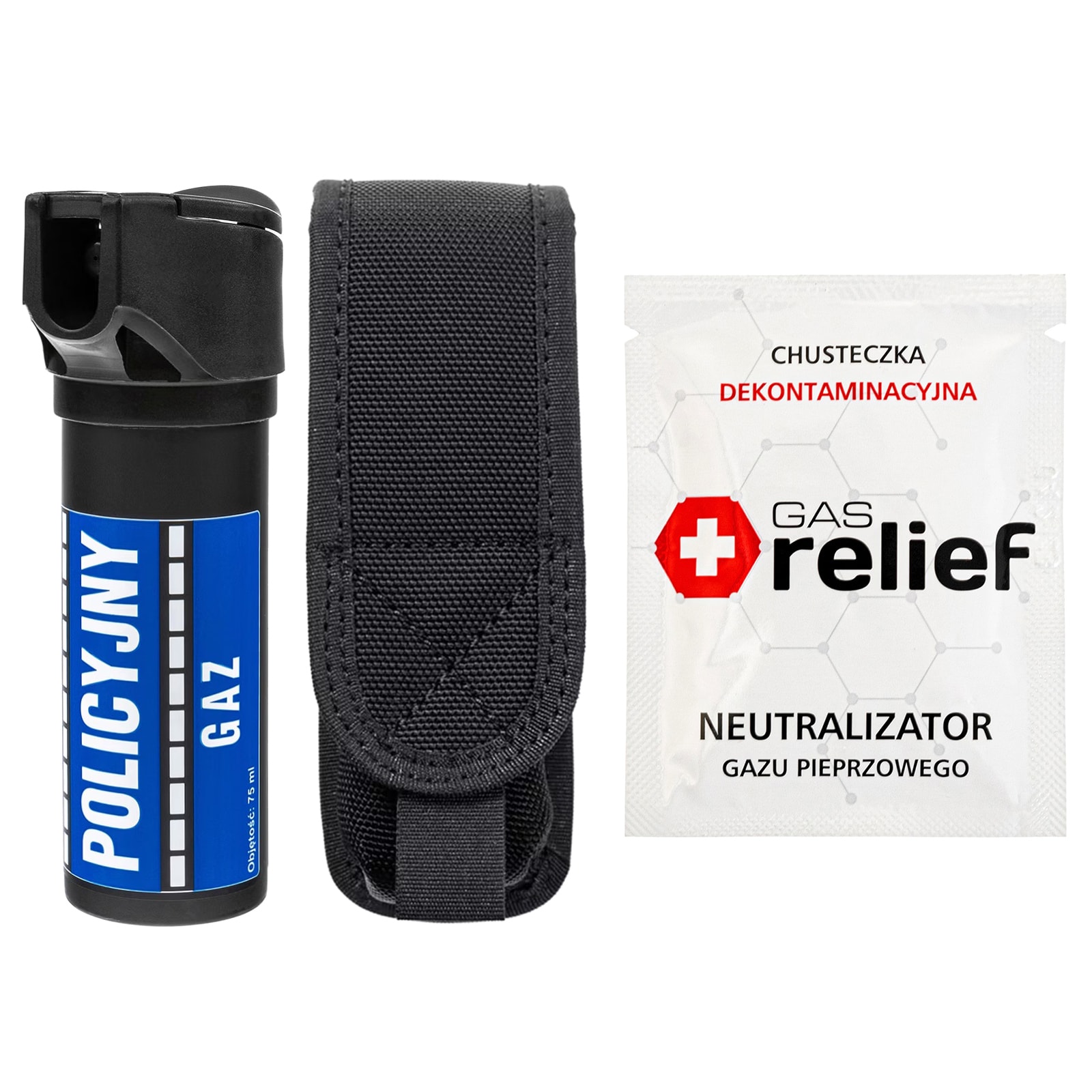 Gaz pieprzowy Policyjny 75 ml strumień + chusteczka neutralizująca Gas Relief + kabura - zestaw