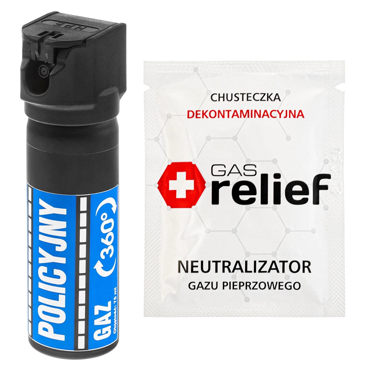 Gaz pieprzowy Policyjny 360 75 ml strumień + chusteczka neutralizująca Gas Relief - zestaw