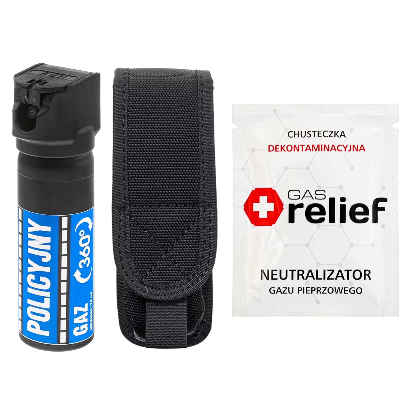 Gaz pieprzowy Policyjny 360 75 ml strumień + chusteczka neutralizująca Gas Relief + kabura - zestaw