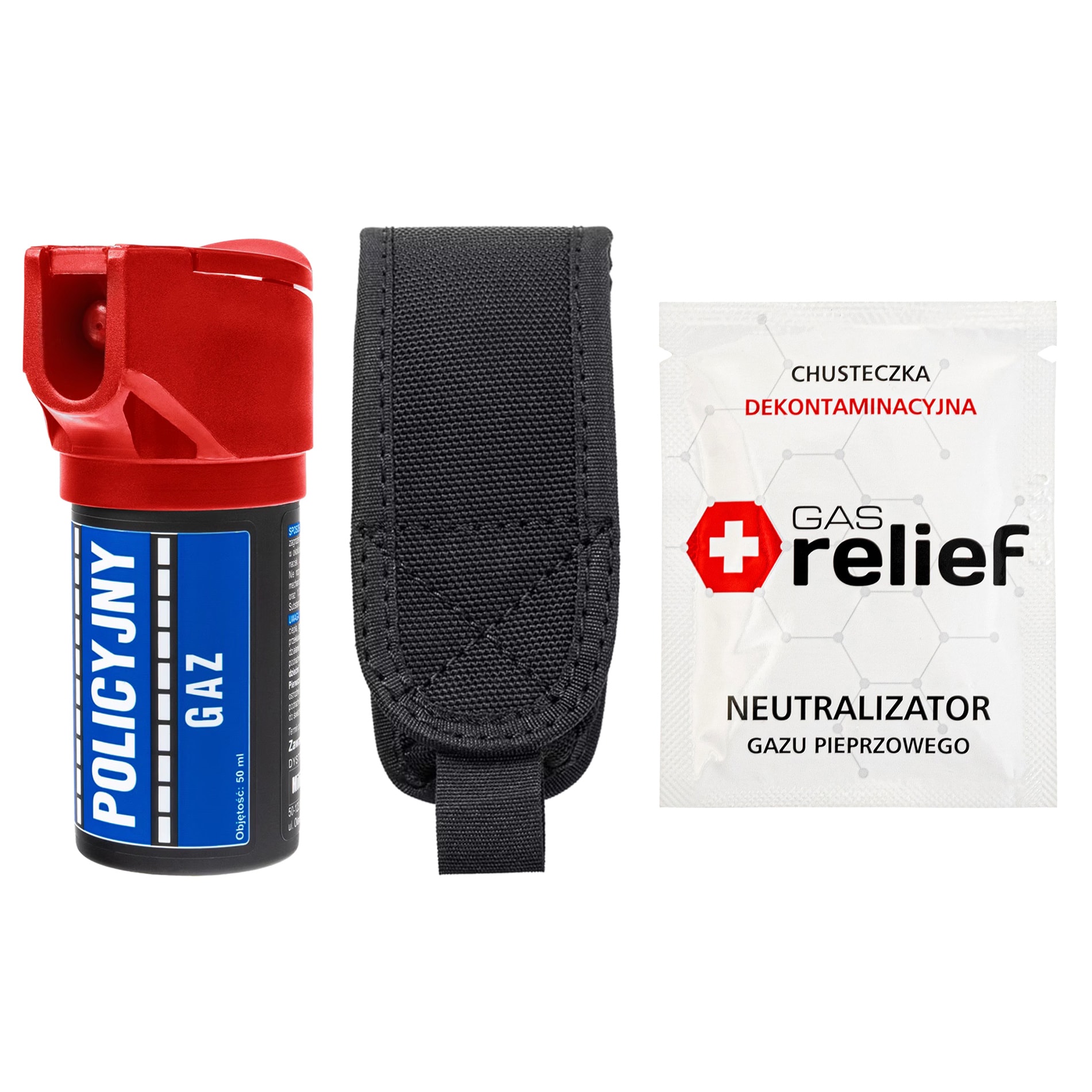 Gaz pieprzowy Policyjny Red 50 ml strumień + chusteczka neutralizująca Gas Relief + kabura - zestaw